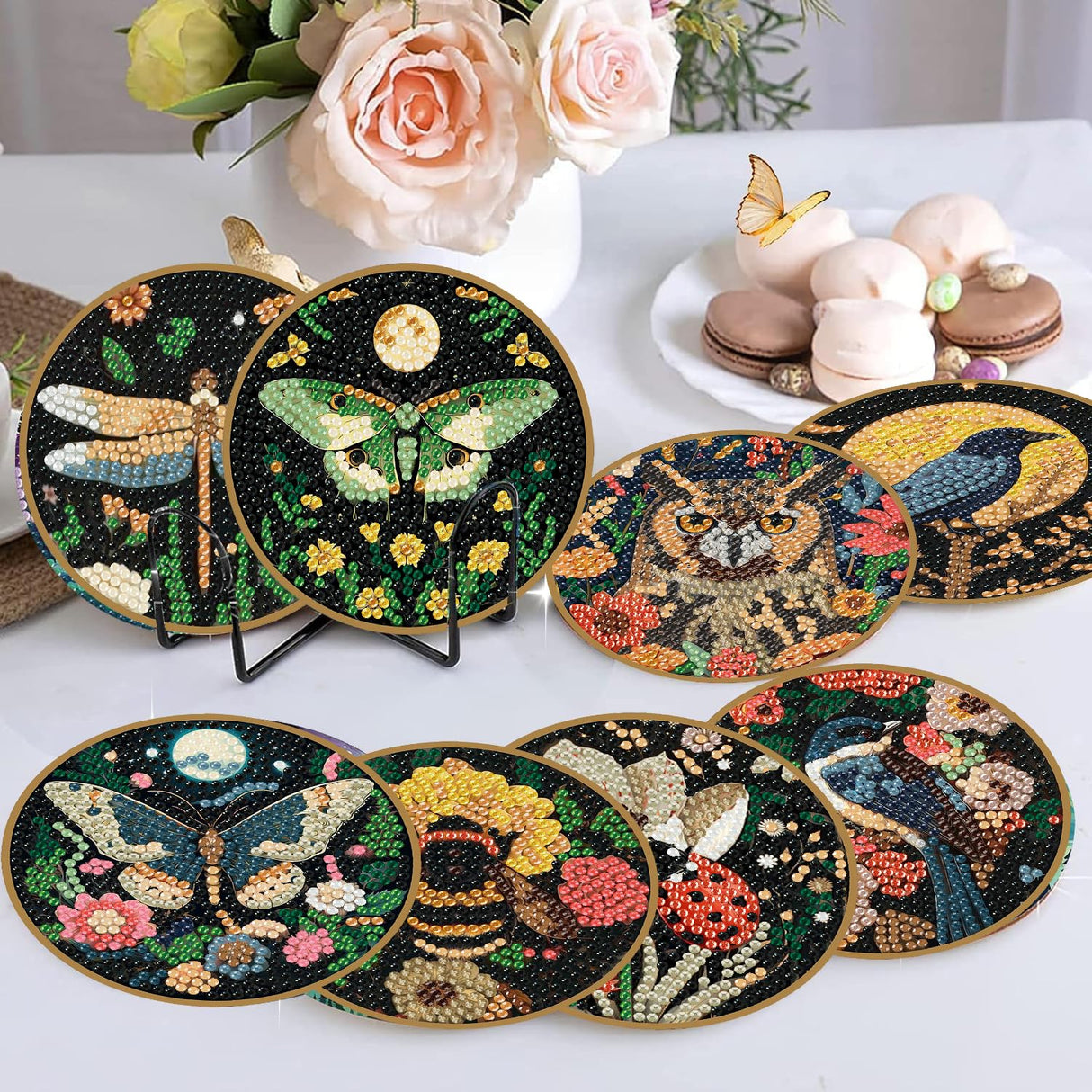 8 Pcs Insect Diamond Art Painting Coasters Kits,Moth Dragonfly Bee Coaster with Holder for Adults, Non-Slip DIY Dot Paint Craft Kits,5D Full Drill DIY Diamond Dot Gem Art Kit Home Decor Arts Craft NEGEKFKX