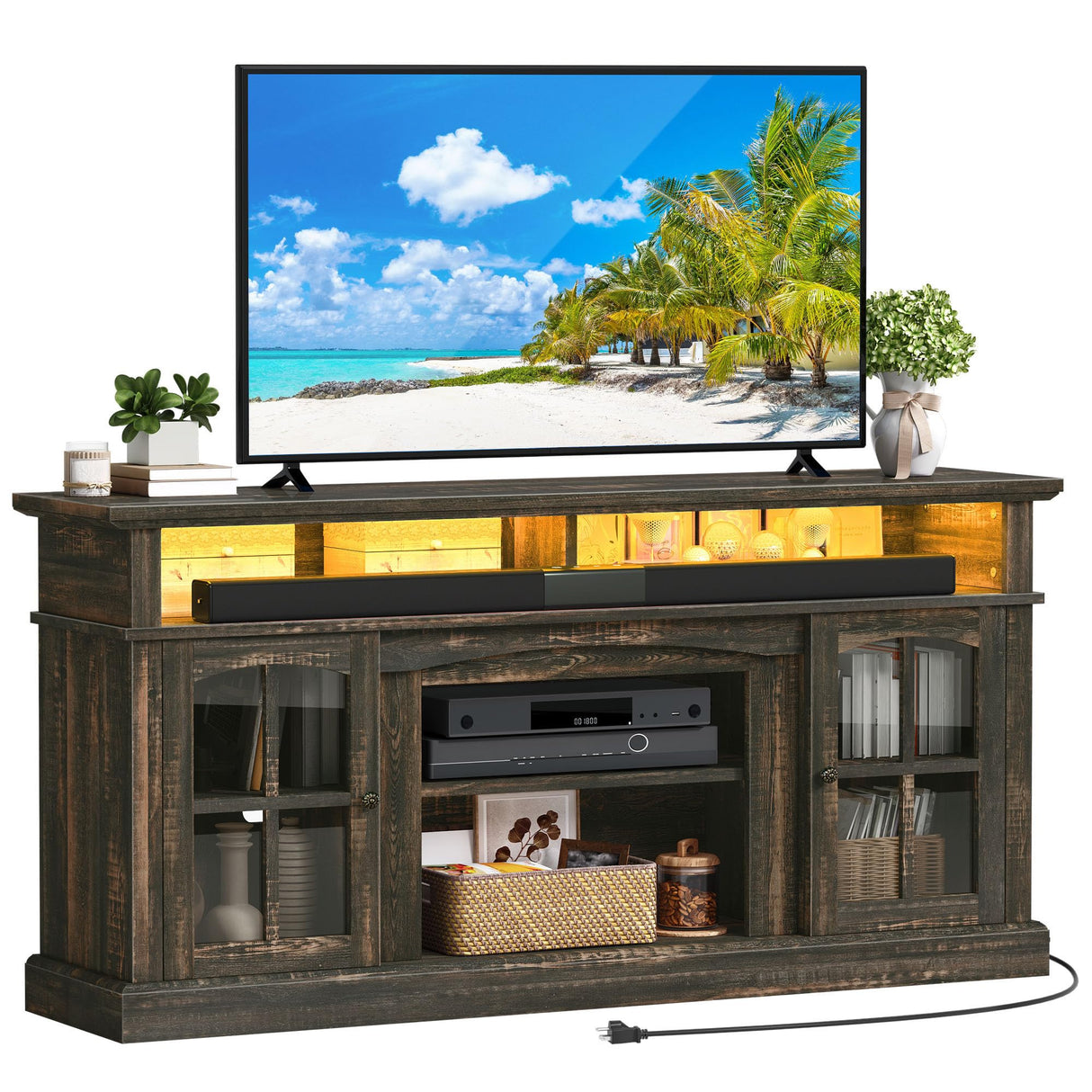 YITAHOME LED Farmhouse TV Stand for 75 Inch w/Outlets, Modern Entertainment Center with Glass Doors and Adjustable Storage Shelves, Media Console TV Cabinet for for Living Room, Dark Rustic Oak YITAHOME