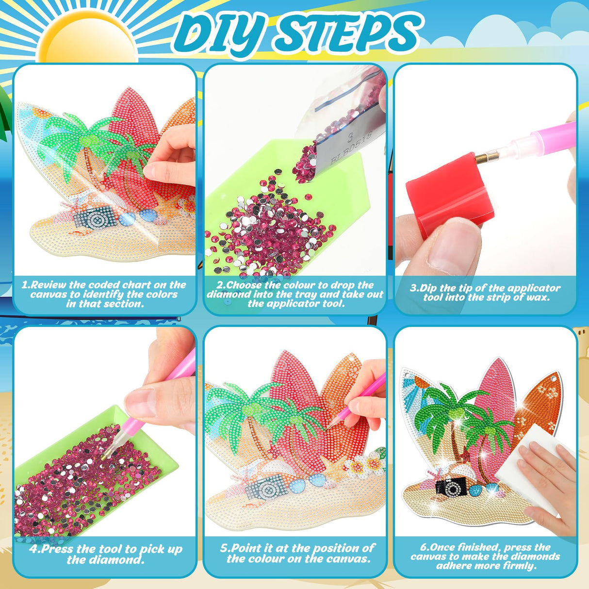 Chitidr 6 Pcs Summer Diamond Painting Hanging Sign Set Beach Gnome Diamond Art Paint Arts Set 5D DIY Ornaments Kits for Summer Wall Door Window Decor Chitidr