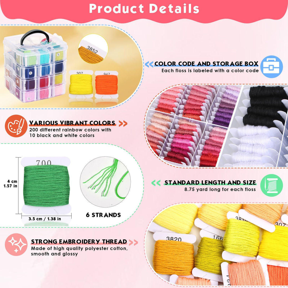 PAXCOO 276 Pack Embroidery Floss Thread Kit Including 210 Colors Cross Stitch Sewing Thread with 66 Pcs Embroidery Accessories and 4-Tier Transparent Embroidery Thread Storage Organizer Box PAXCOO