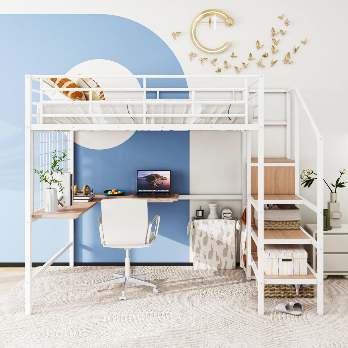 Bellemave Full Size Loft Bed with Desk and Wardrobe, Full Loft Bed with Storage Stairs, Loft Bed Full Size for Adults, Kids, Teens Metal, White Bellemave