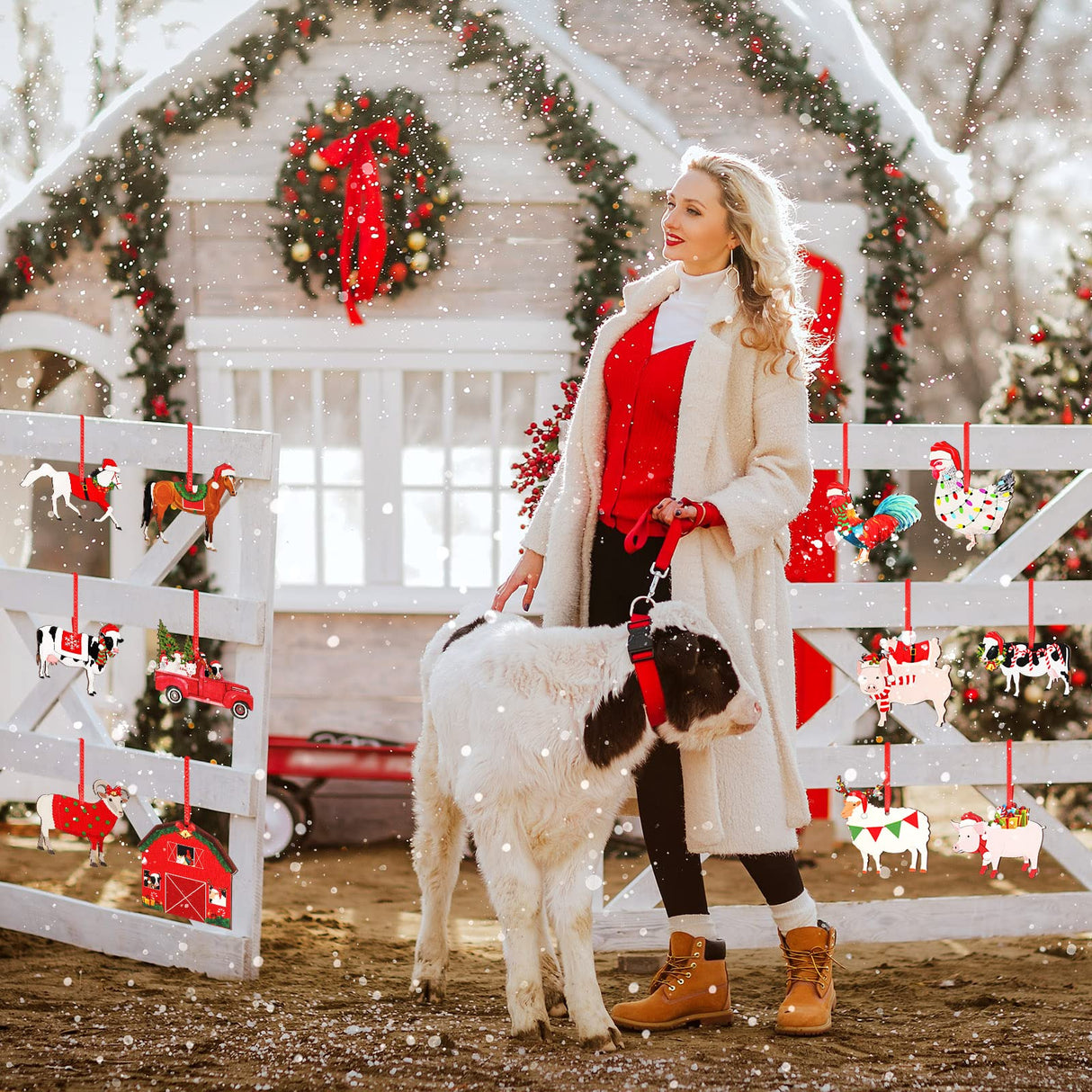 24 Pcs Wooden Farm Animal Christmas Ornaments Wooden Christmas Farmhouse Rustic Ornaments Hanging Red Truck Christmas Tree Decorations Cow Pig Rustic Christmas Decor Ornaments for Xmas Trees Crafts Gerrii