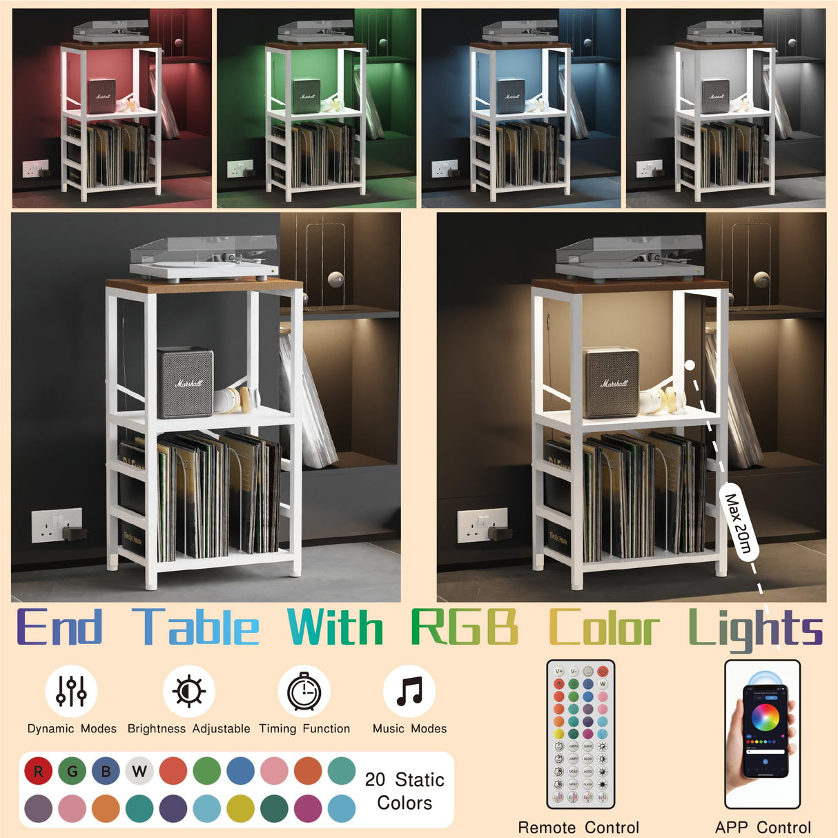 YAKANJ End Table with LED Light,Record Player Stand with Albums Storage,Vinyl Records Storage,Turntable Stand Side Table for Music Room Studio Living Room Bedroom-White YAKANJ