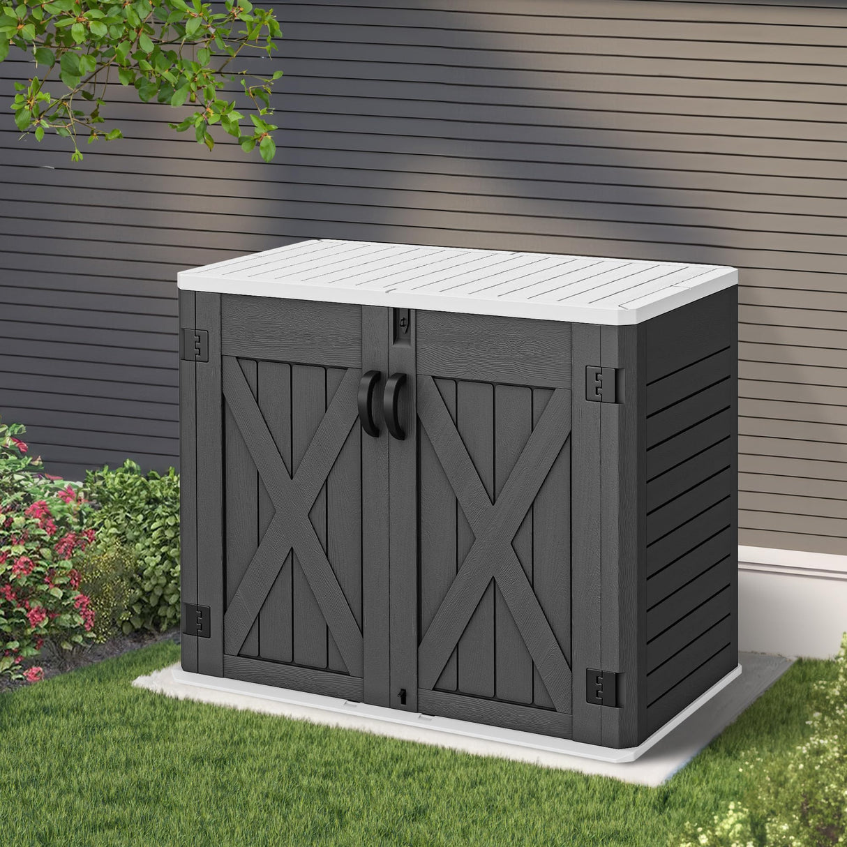 YITAHOME Outdoor Horizontal Storage Shed with X-Shaped Lockable Door, 35 Cu Ft Weather Resistant Resin Tool Shed w/o Shelf, Ideal for Bike, Trash Cans, Garden Tools, Lawn Mowers, Dark Gray YITAHOME