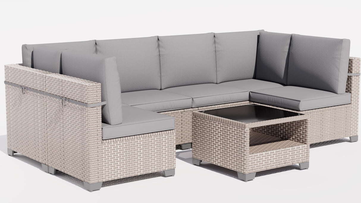 Aukreolis 7 Pieces Patio Furniture Set, Outdoor Sectional Wicker Sofa with Thick Cushions and Storage Coffee Table, Rattan Patio Conversation Sets for Deck Yard Poolside, Grey Aukreolis