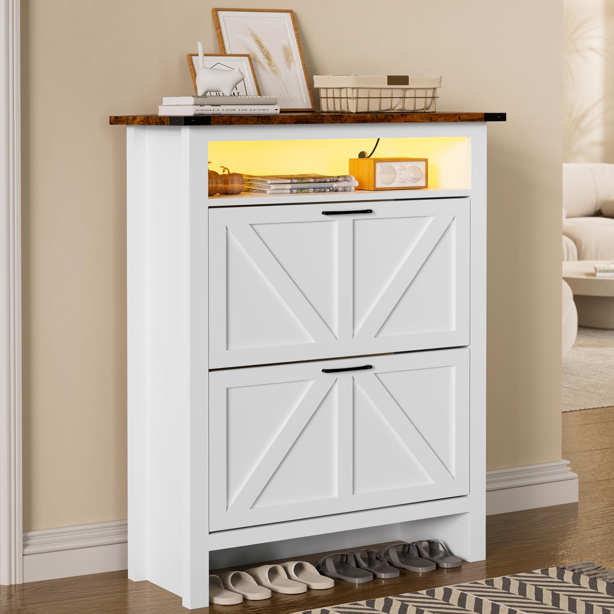 MU Shoe Cabinet with 2 Flip Drawers & Open Storage Space, Entryway Shoe Storage Cabinet with LED Light, Hidden Shoe Organizer for Entryway, White MU