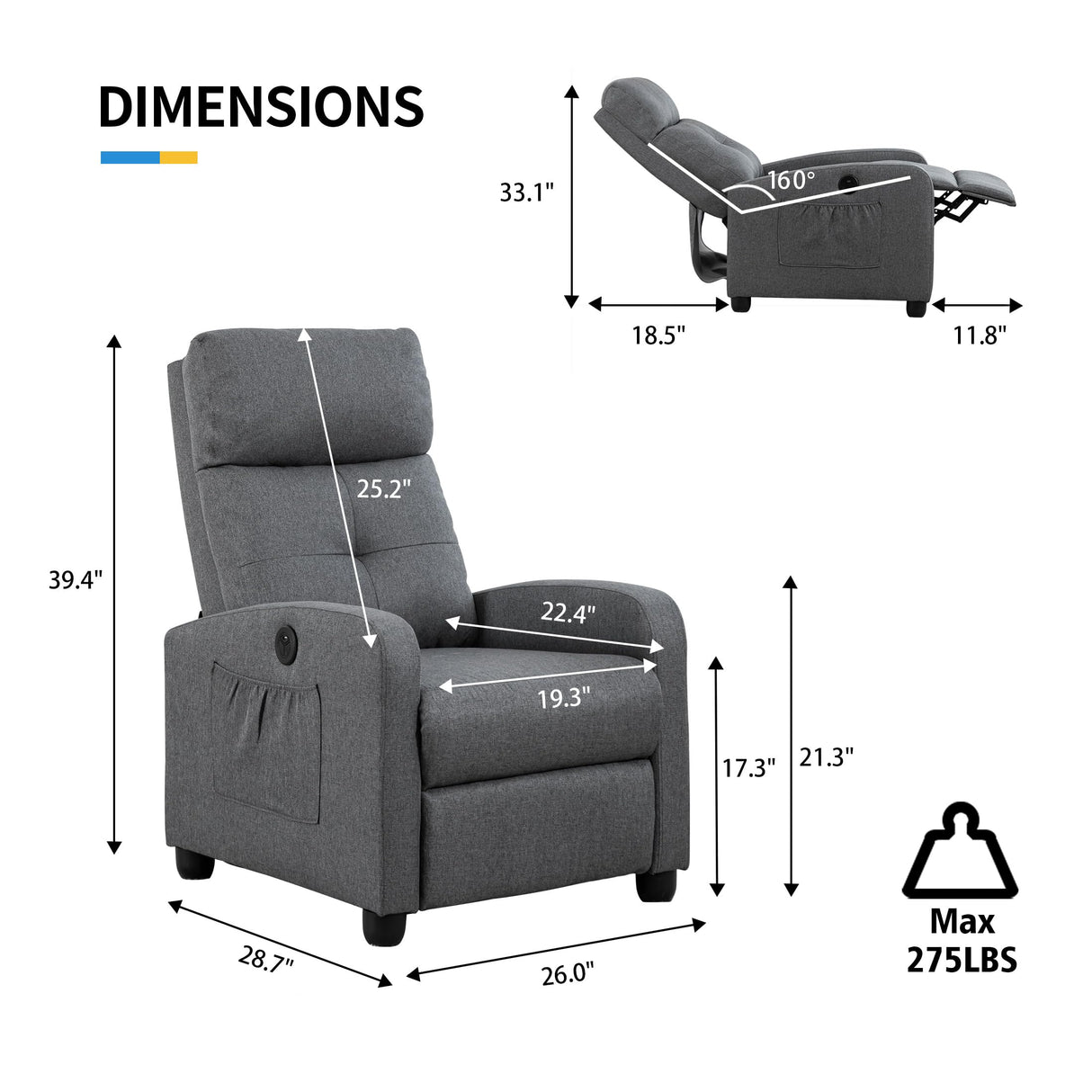 Sftaiyou Power Massage Recliner Chair, Fabric Recliner Chair for Adults, Small Recliner Home Theater Seating with Lumbar Support, Reclining Sofa Chair for Living Room Bedroom(Smoky Grey) Sftaiyou