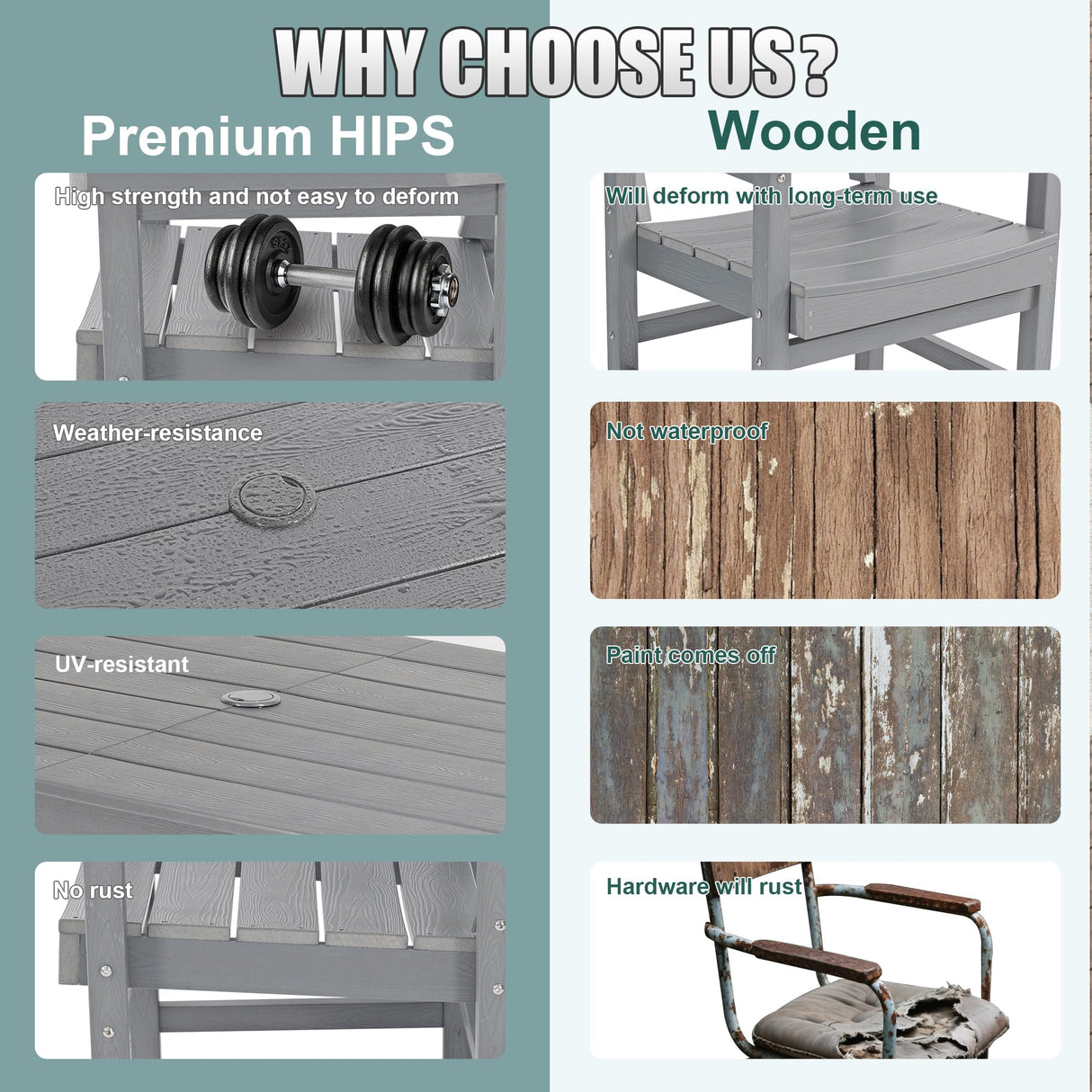 Sunnibety 5-Piece HIPS Patio Dining Set, Outdoor Dining Table and Chairs Set with Umbrella Hole, Weatherproof Dining Table Set for 6 Person, Patio Furniture Set for Outside Deck, Grey Sunnibety