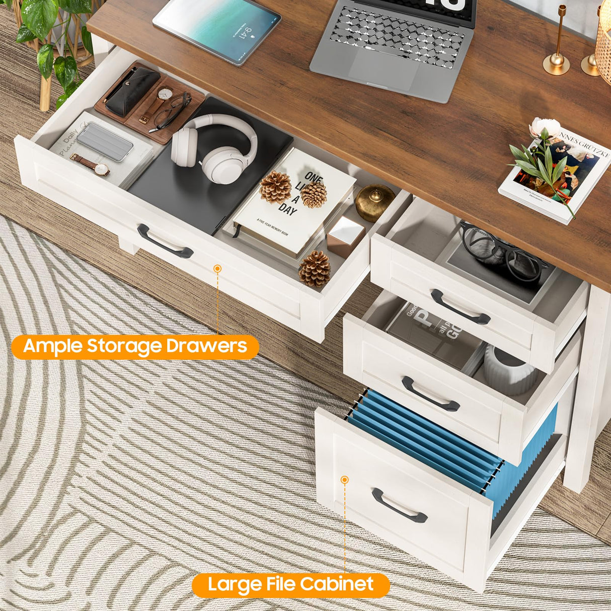 Vabches Farmhouse 47" Executive Desk with 4 Drawers, Computer Desk with File Drawer and Charging Station, Workstation for Home Office, Study.(Unique White) Vabches