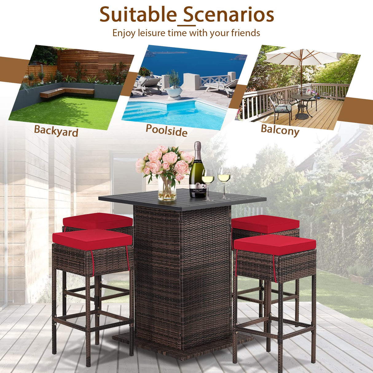 RELAX4LIFE 5-Piece Weatherproof Red Wicker Bar Set with Storage & Cushions for Outdoor Dining RELAX4LIFE