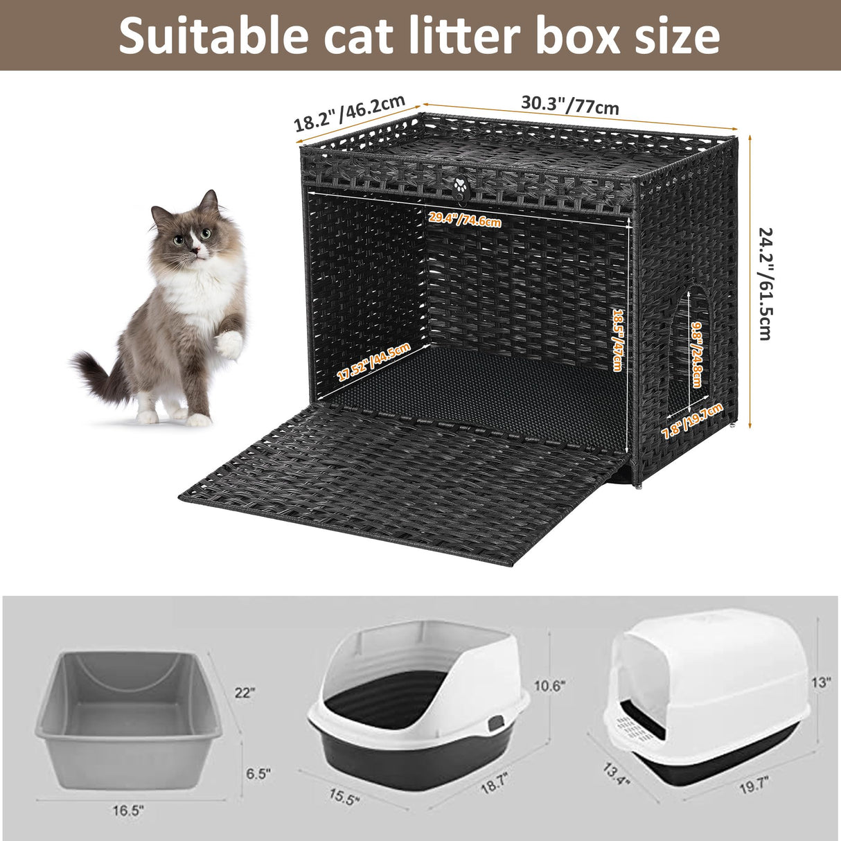 Cat Litter Box Enclosure with Soft Litter Mat; Hidden Cat Washroom Furniture with Door; Handwoven Rattan Cat House with Large Space; Pet Crate for Living Room, Bedroom, Balcony (Black) Honiakaka