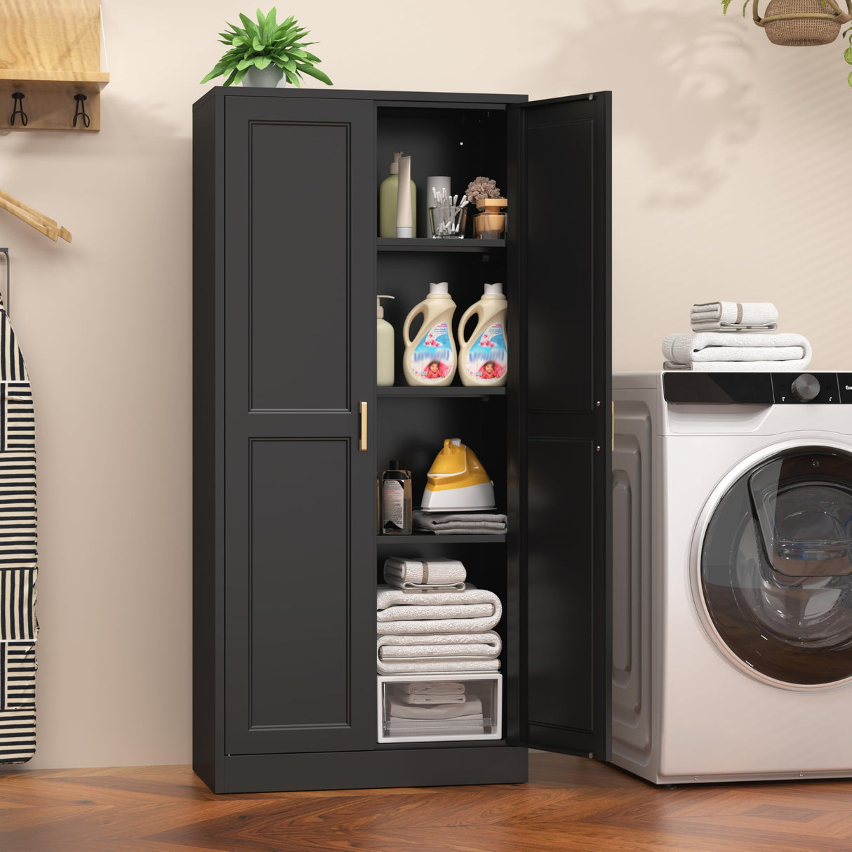 Kubohogar 60" Tall Metal Pantry Cabinet, Black Kitchen Pantry Storage Cabinet with Doors and 3 Adjustable Shelves, Cupboard for Kitchen, Dining Room, Living Room, Bathroom Kubohogar