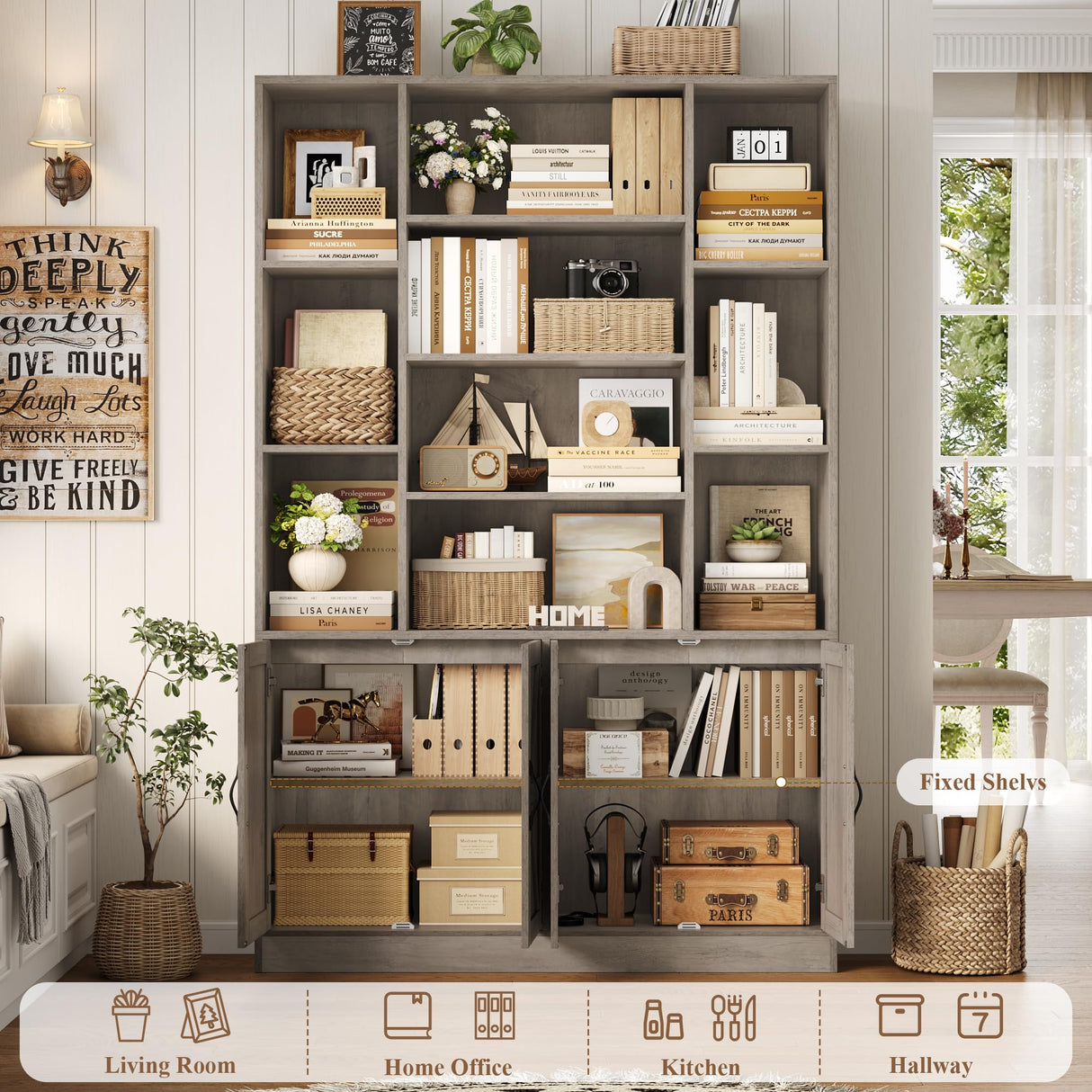 HOSTACK 75” Tall Book Shelf and Bookcase, Bookshelf with Storage Cabinet, 47” Wide Bookcase with 4 Doors, Standing Display Shelves, Modern Farmhouse Book Case for Living Room, Home Office, Ash Grey HOSTACK