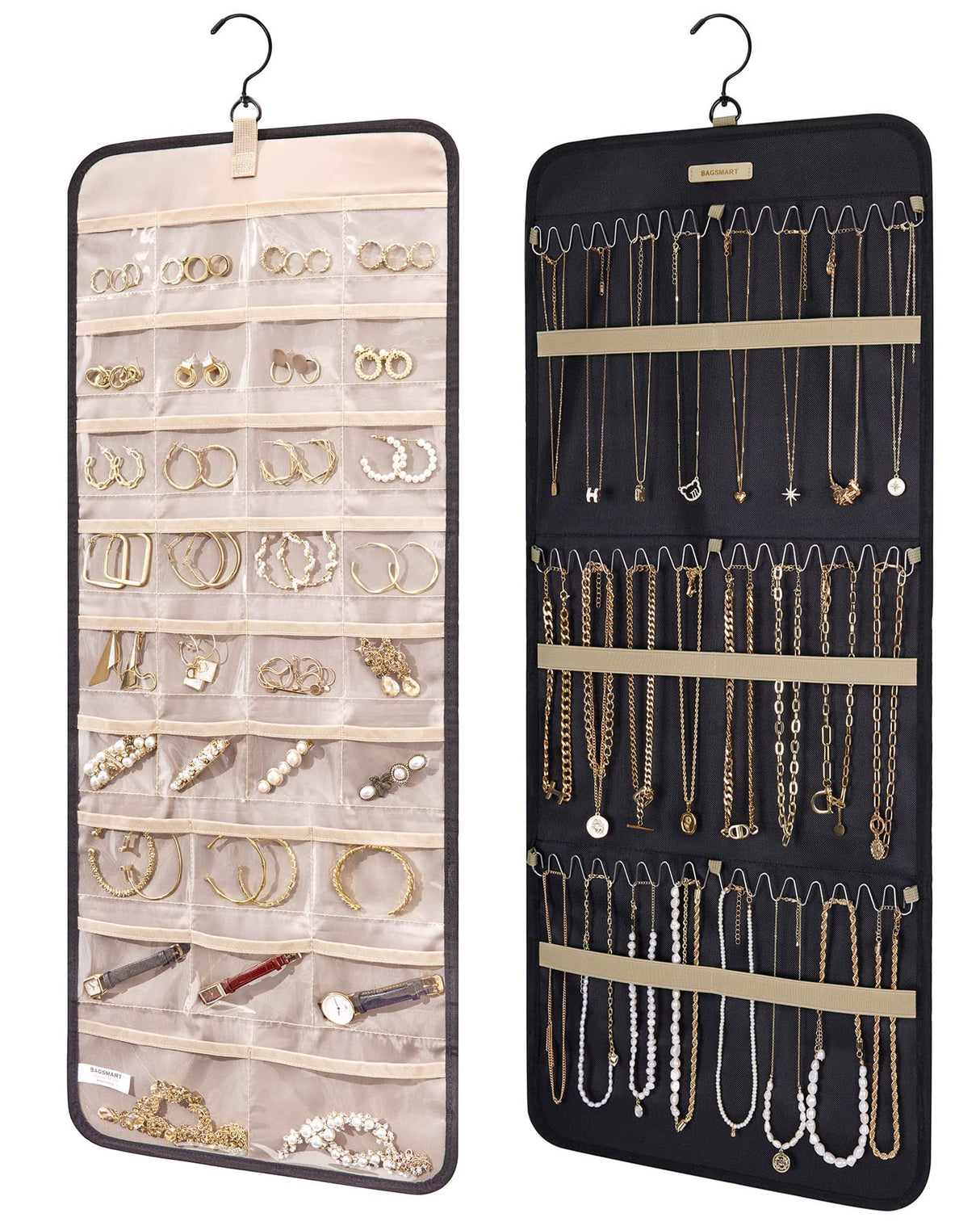 BAGSMART Hanging Jewelry Organizer Storage Roll with Hanger Metal Hooks Double-Sided Jewelry Holder for Earrings, Necklaces, Rings on Closet, Wall, Door, 1 piece, Large, Black BAGSMART