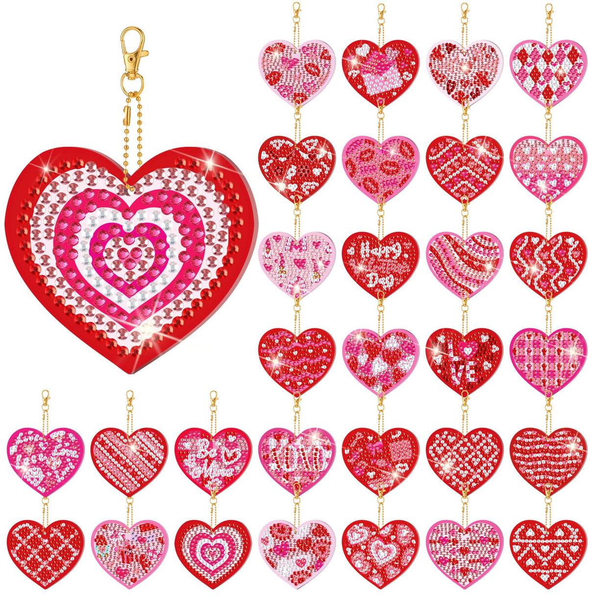 WILLBOND 30 Pcs Double Sided Diamond Art Keychain Ornaments DIY Diamond Painting Keychain Kits for Adults Key Ring Art Pendant Decor (Pink Heart) WILLBOND