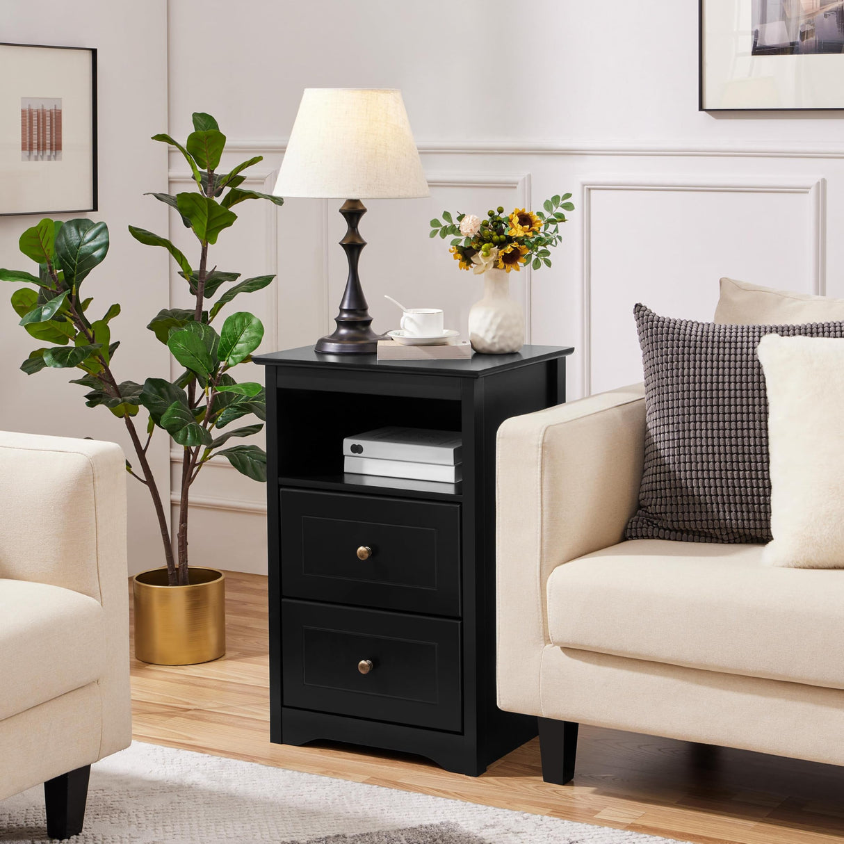 Yaheetech Tall Nightstand with 2 Drawer and 1 Cubby, 29" High Bedside Table Wooden Storage Cabinet Bed Side Table with Drawer for Bedroom Home Office, Black Yaheetech