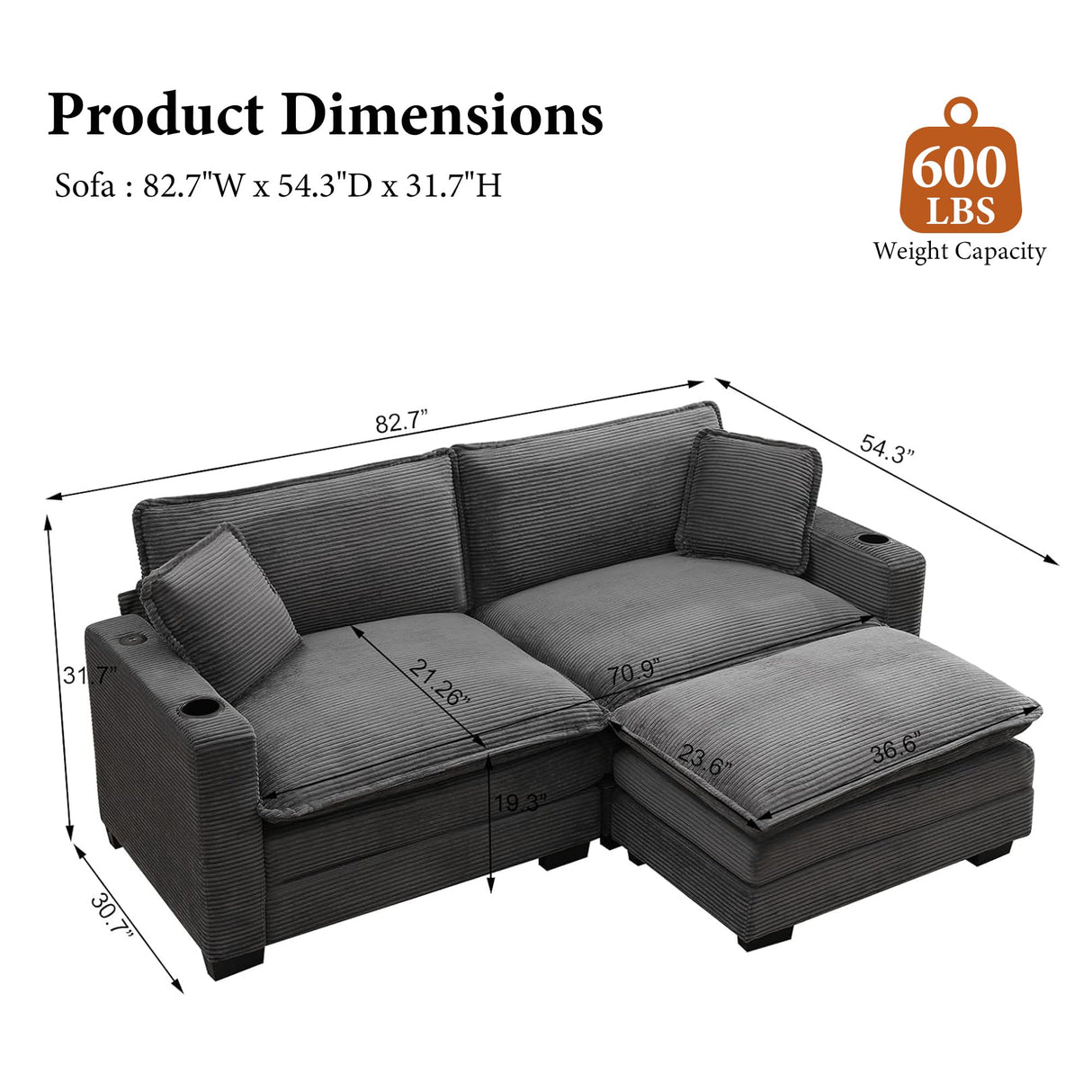 82.7" L Shaped Sectional Sofa with Cup Holders & USB Ports, Modern Loveseat Cloud Couch with Ottoman for Living Room, Apartment, Small Spaces, Grey Corduroy Tmsan