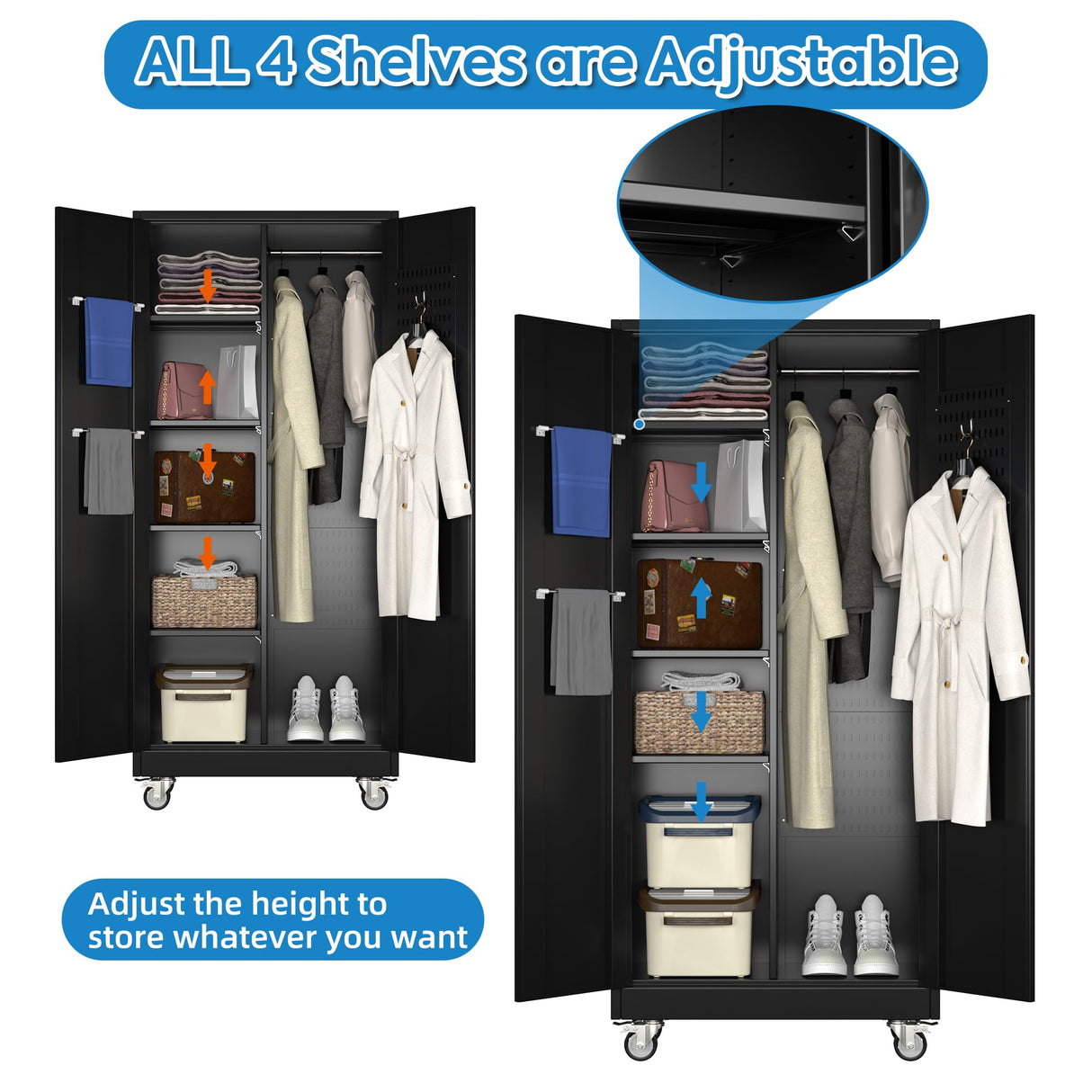 GangMei Garage Storage Cabinet with Wheels and 5 Pegboard, Broom Closet Storage Cabinet with Hanging Rod and 13 Hooks, Metal Cabinets with 4 Shelves for Garage, Home, 71"H x 31.5"W x 15.75"D, Black GangMei