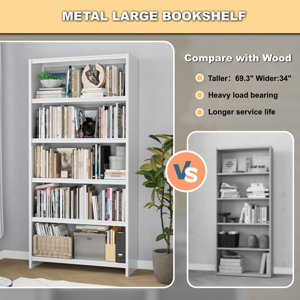 OSEILLC 5-Tier Bookshelf, White Bookshelf with Storage Shelves, Metal Bookshelves, 69" Tall Bookcase for Living Room, Library, Office, Bedroom, Including Book Stopper OSEILLC