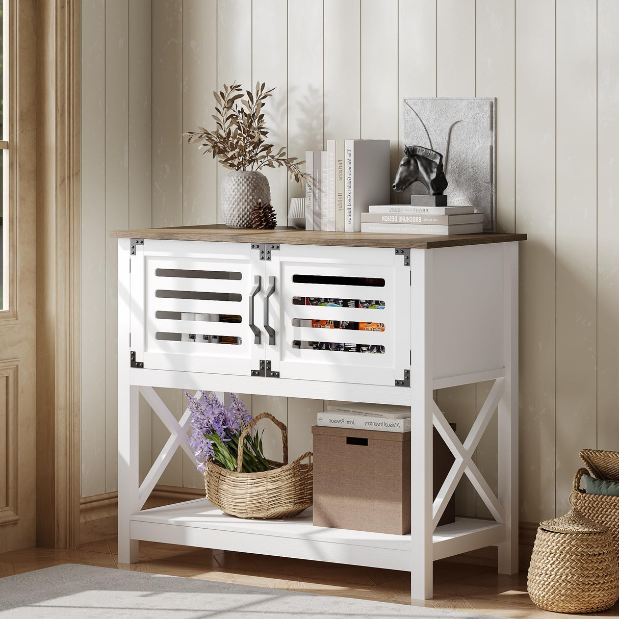 ChooChoo Farmhouse Console Table with Charging Station, 35.4 L x 17.7 D x 31.49 H Coffee Bar Cabinet with Storage, Sideboard Buffet Cabinet with Doors for Kitchen, Living Room, White ChooChoo