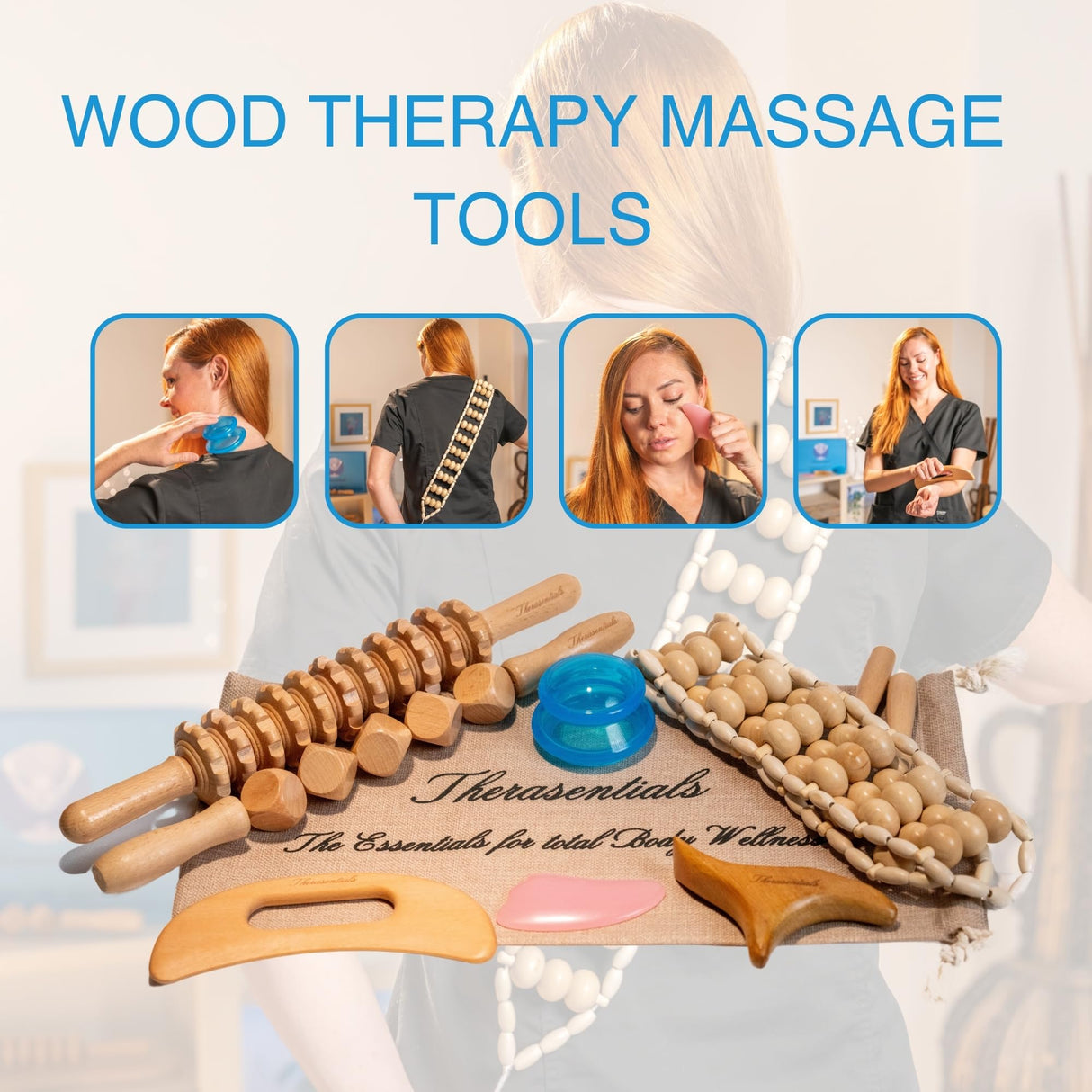 Wood Therapy Massage Tools 8-in-1, Lymphatic Drainage Massager, Maderoterapia Kit - Anti Cellulite Complete Body Sculpting Tools for Total Relaxation & Relief - Massager Tool for Anti Aging Therasentials