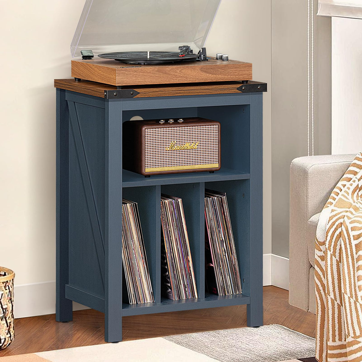 Joaxswe Record Player Stand with Vinyl Record Storage,Navy Blue Record Player Table Holds up to 160 Albums,Large Wood Turntable Stand Cabinet Dispaly Shelf for Living Room,Bedroom,Office Joaxswe