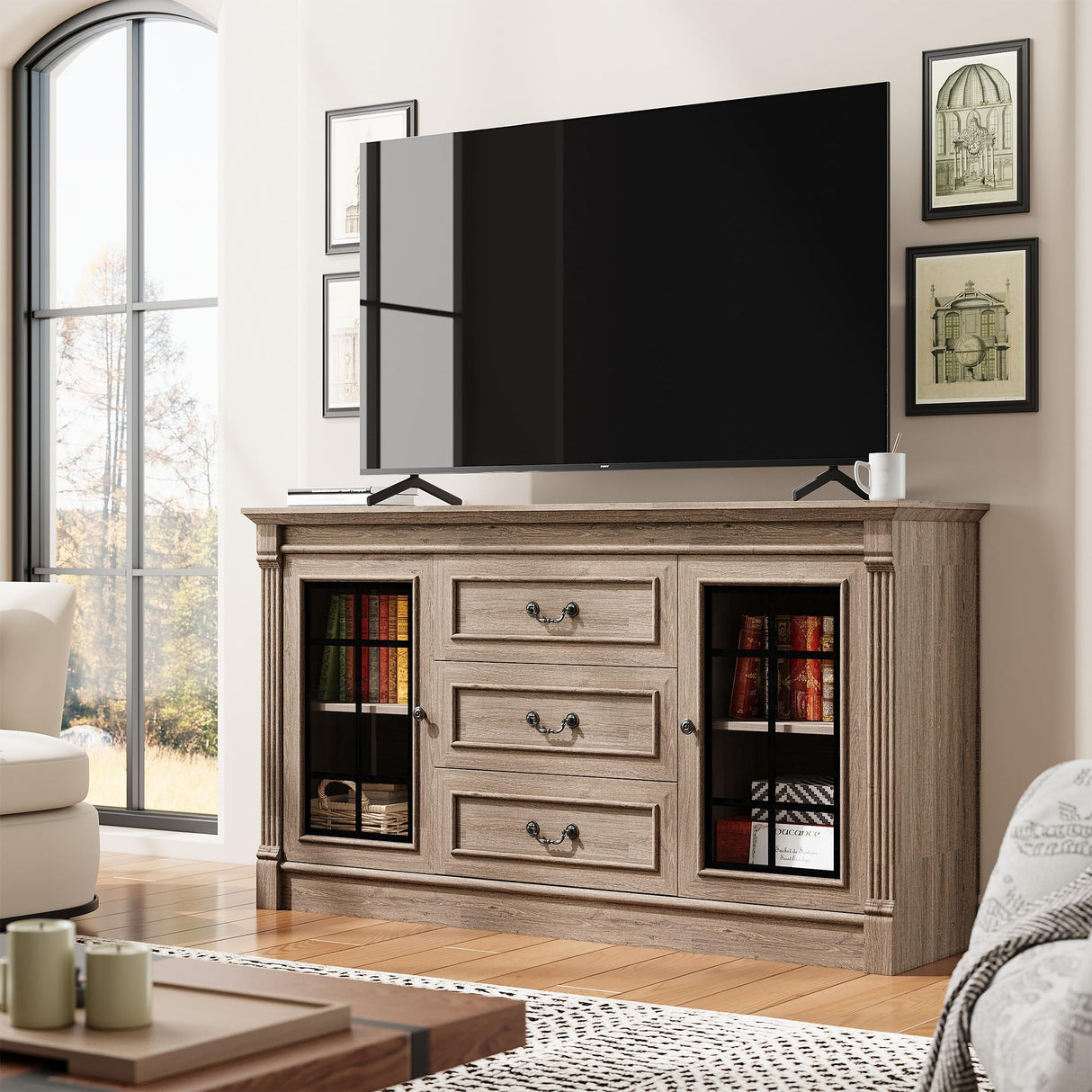 IRONCK Farmhouse TV Stand for 65 Inch TV with Outlets, 59" Entertainment Center with 3 Drawers and 2 Storage Cabinet, Glass Doors and Adjustable Shelf, Console Tables for Living Room, Light Rustic Oak IRONCK