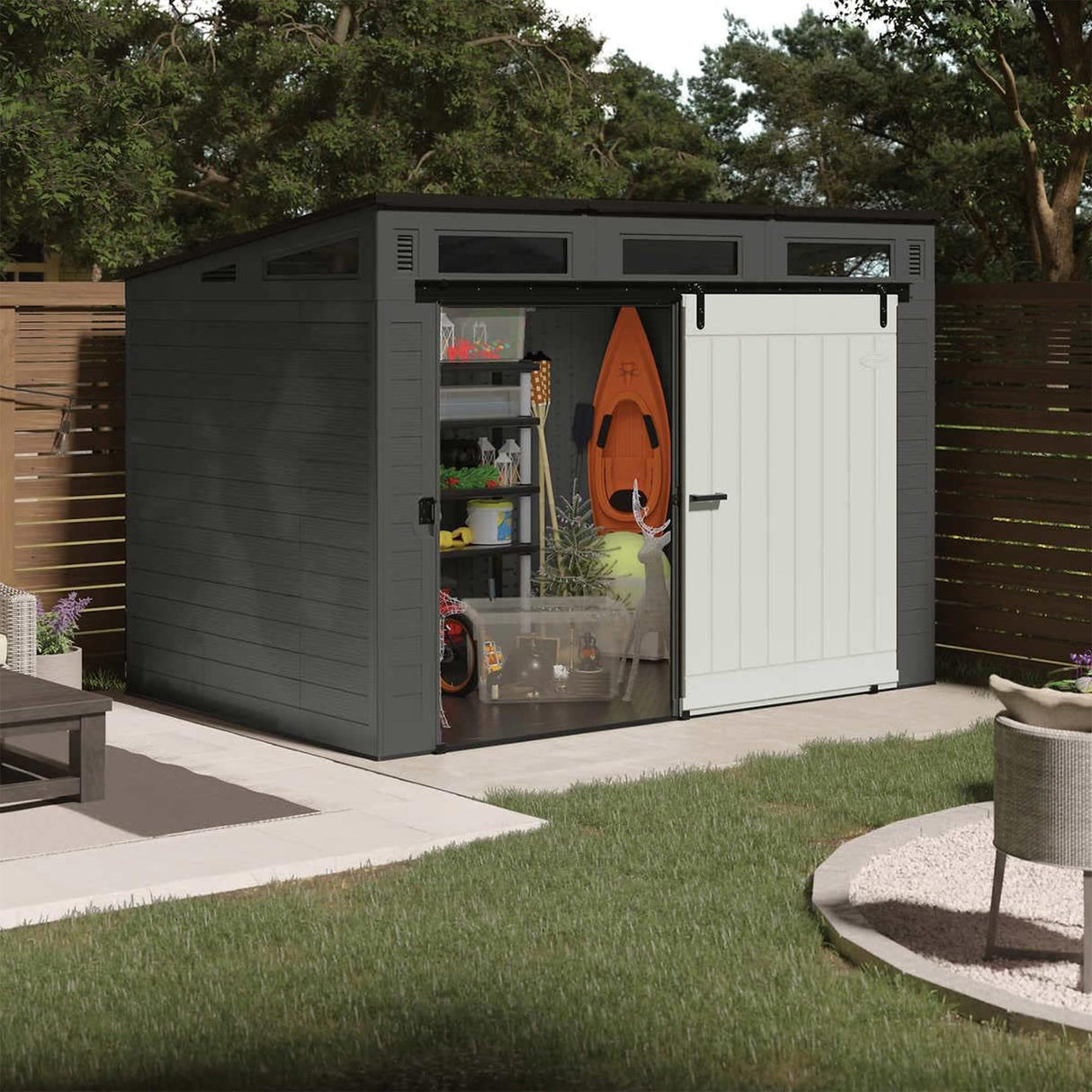 Suncast Modernist 10 Foot by 7 Foot Outdoor Plastic Storage Shed with Pad Lockable Sliding Barn Door for Outdoor Storage Items, Gray and Black Suncast