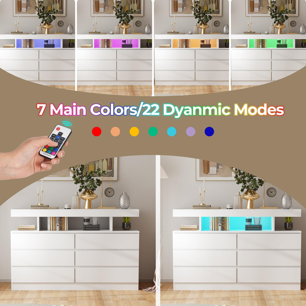 BEWISHOME White Dresser for Bedroom with Charging Station and LED Lights, 6 Drawer Dresser Chests of Drawers, Wood Dresser for Closet, Modern Wide Dresser with Open Space, TV Stand, White KCG02W BEWISHOME