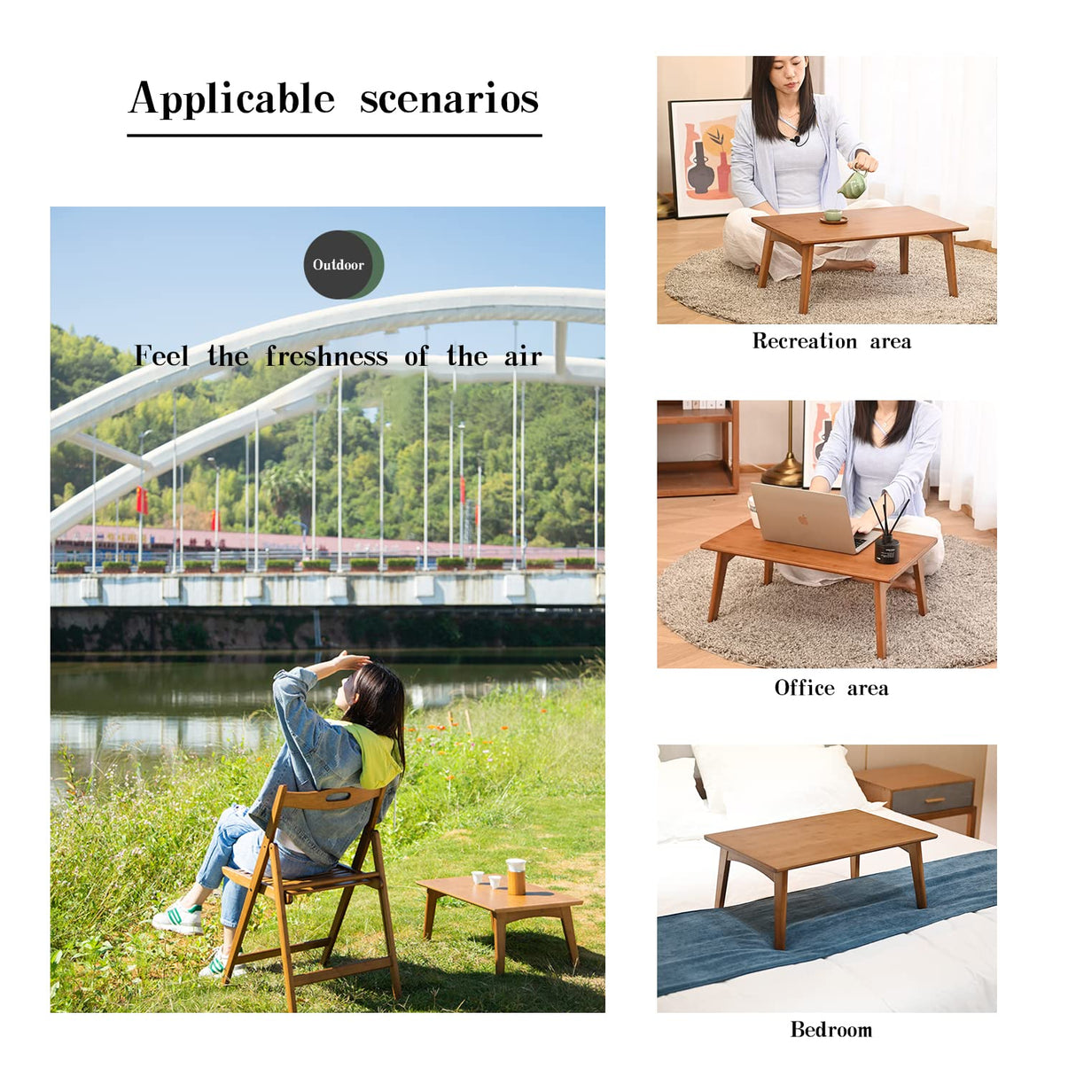 JIKUGO Foldable Bamboo Small Table - Bamboo Foldable Floor Desk, Folding Coffee Table No Assembly Required, for The Floating Window, Tatami, Tea Room, Balcony, Living Room, Outdoor JIKUGO