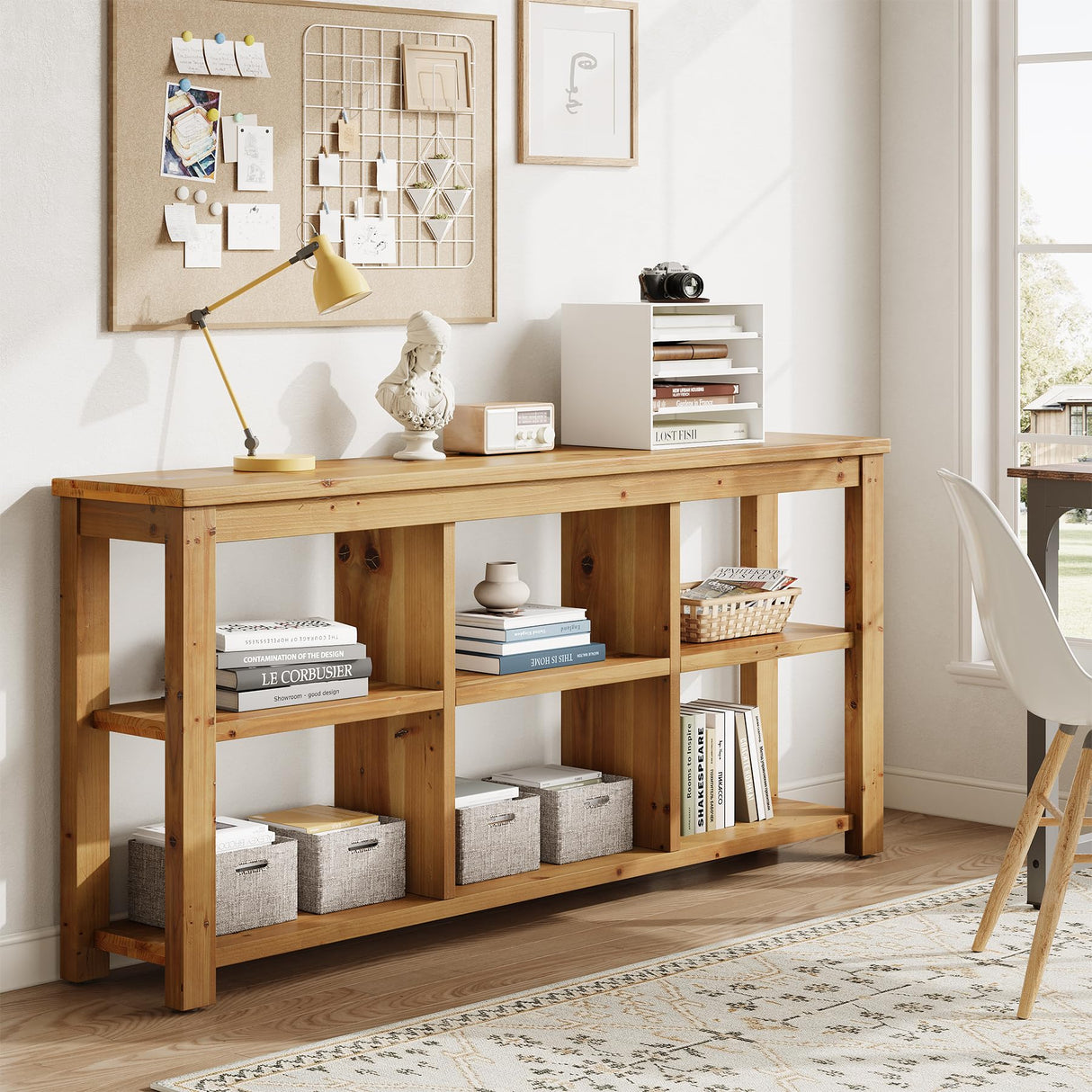 TRIBEWOOD Solid Wood Horizontal Bookcase with Adjustable Shelves, 6 Cubes Storage Organizer Long Bookshelf, Farmhouse Low Cubby Bookcase for Living Room, Home Office, 63 Inches TRIBEWOOD