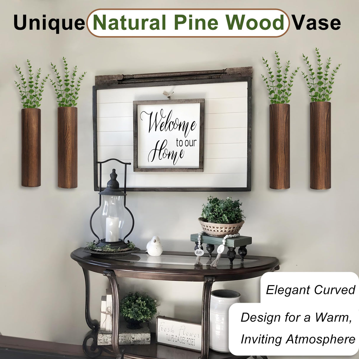 Fttoyoly 4 Pack Wood Wall Planter with Artificial Eucalyptus, Modern Wall Decor for Living Room Bedroom Bathroom Entryway, Farmhouse Boho Wall Vases for Dried Flowers and Faux Plants Fttoyoly