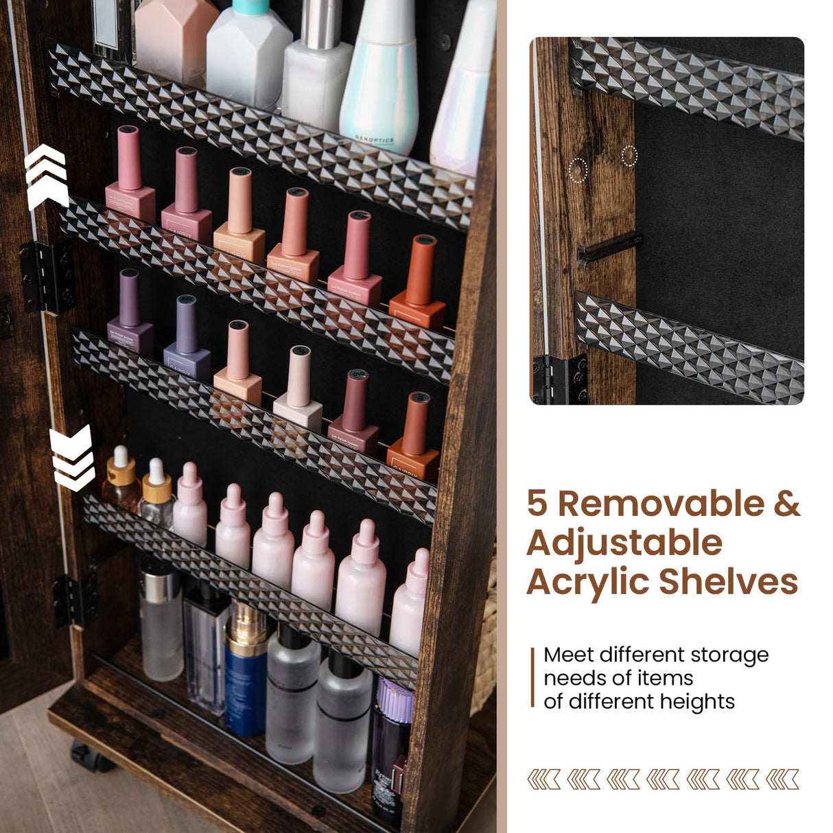 Byroce 360° Rotating Jewelry Armoire with Wheels, Lockable Jewelry Organizer W/ 3-Color LED Lights, Adjustable Shelves & Rear Storage, 64’’H Full Length Mirror Jewelry Cabinet Standing (Rustic Brown) Byroce