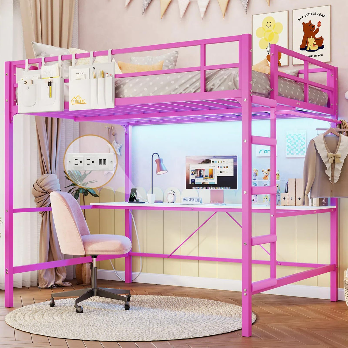 DICTAC Loft Bed Full Size with Desk and Led Lights Metal Full Loft Bed with Power Outlet Full Size Bed Frame with Top Bunk and Safety Guard & Ladder, Space-Saving,No Noise,No Box Spring Needed, Pink DICTAC