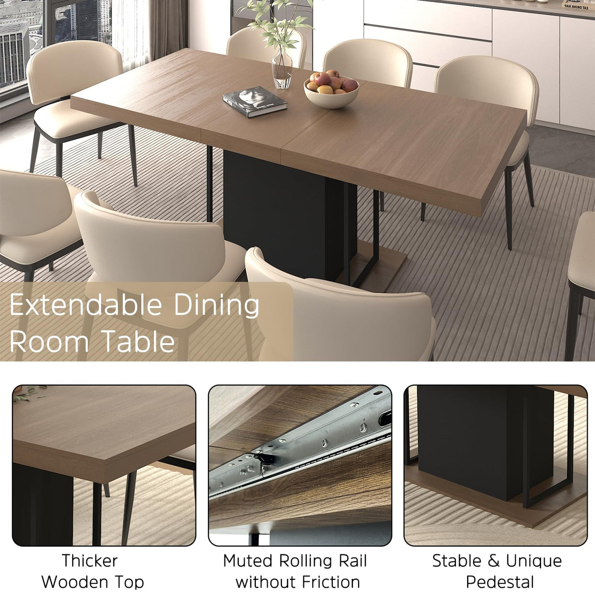 Henf 63"-79" Dining Table Set for 6, 7 Pieces Extendable Dining Table and 6 Grey Tufted Chairs Set for 6, Modern Large Expandable Dining Room Table with Rectangle Wood Top & Black Sturdy Base Henf