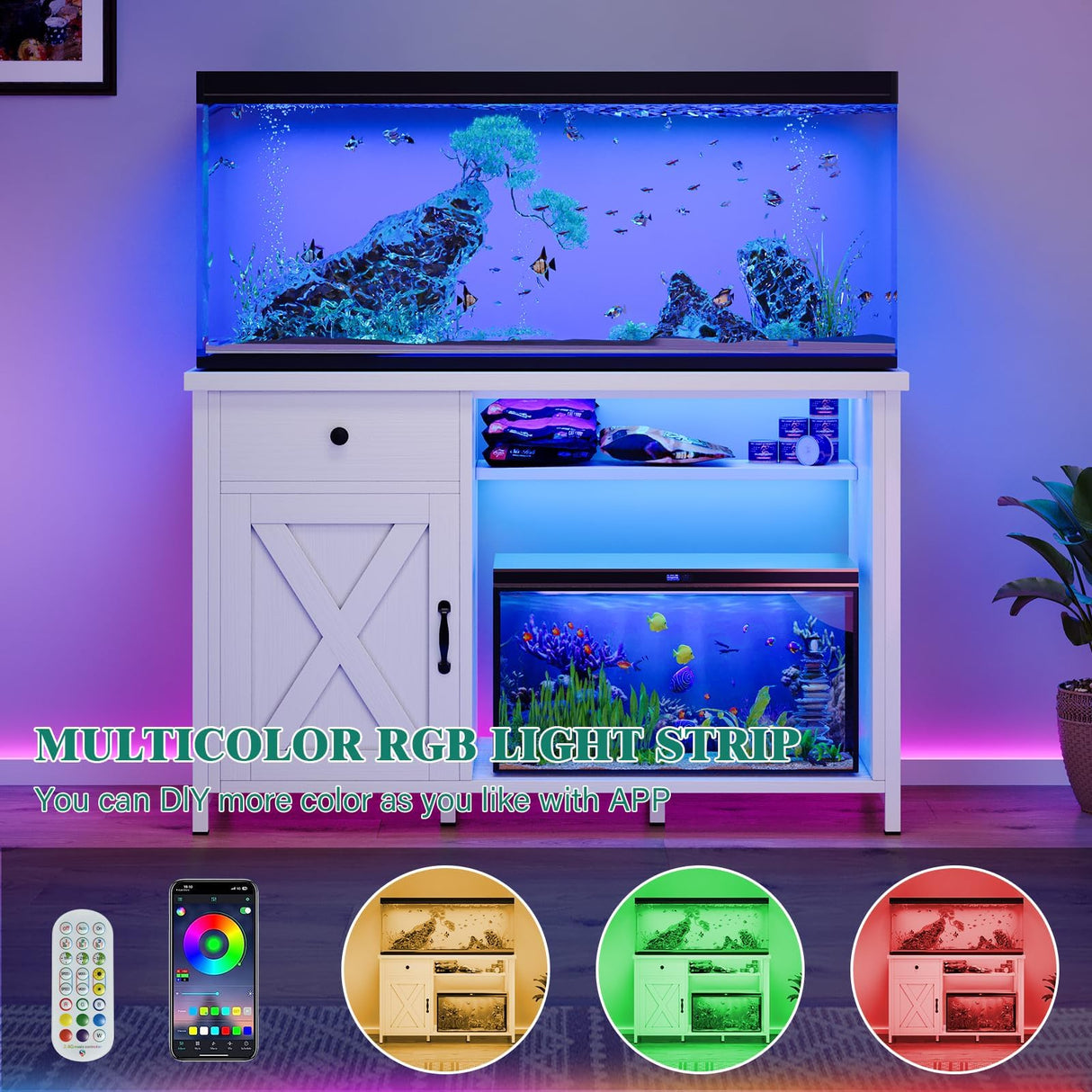 4ever2buy 55-75 Gallon Aquarium Stand with Power Outlets & LED Light, Metal Frame Fish Tank Stand with Drawer & Barn Door, Turtle Reptile Terrariums Stand with Fish Tank Accessories Storage (White) 4ever2buy