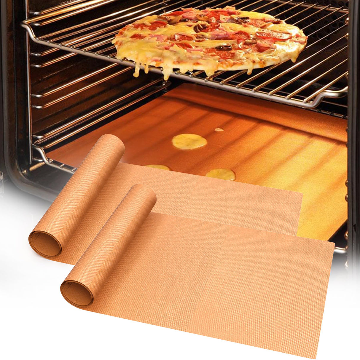 UBeesize 2 Pack Thickened Copper Oven Liners for Bottom of Oven BPA & PFOA Free, Reusable 16x24 Inch Heavy Duty Non Stick Teflon Oven Mats, Fit Electric Gas Toaster Convection Microwave Ovens Grills UBeesize