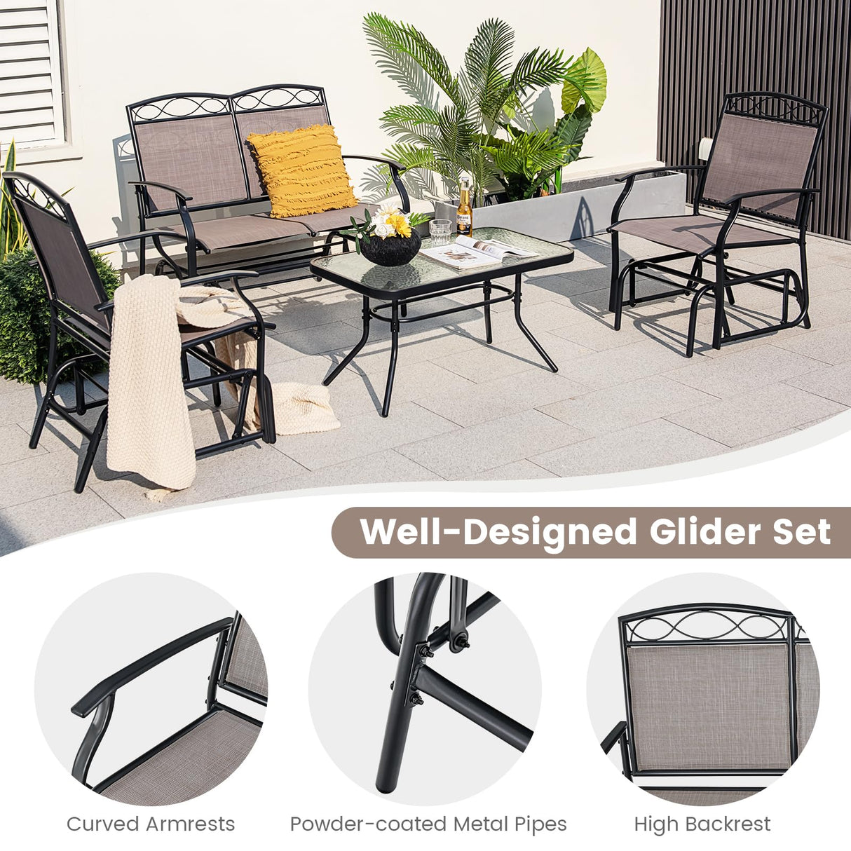 Tangkula 4 Pcs Patio Glider Set, Outdoor Gliding Loveseat w/Tempered Glass Coffee Table, Heavy-Duty Patio Furniture Set for Backyard, Porch, Poolside (4 PCS Patio Glider Set) Tangkula