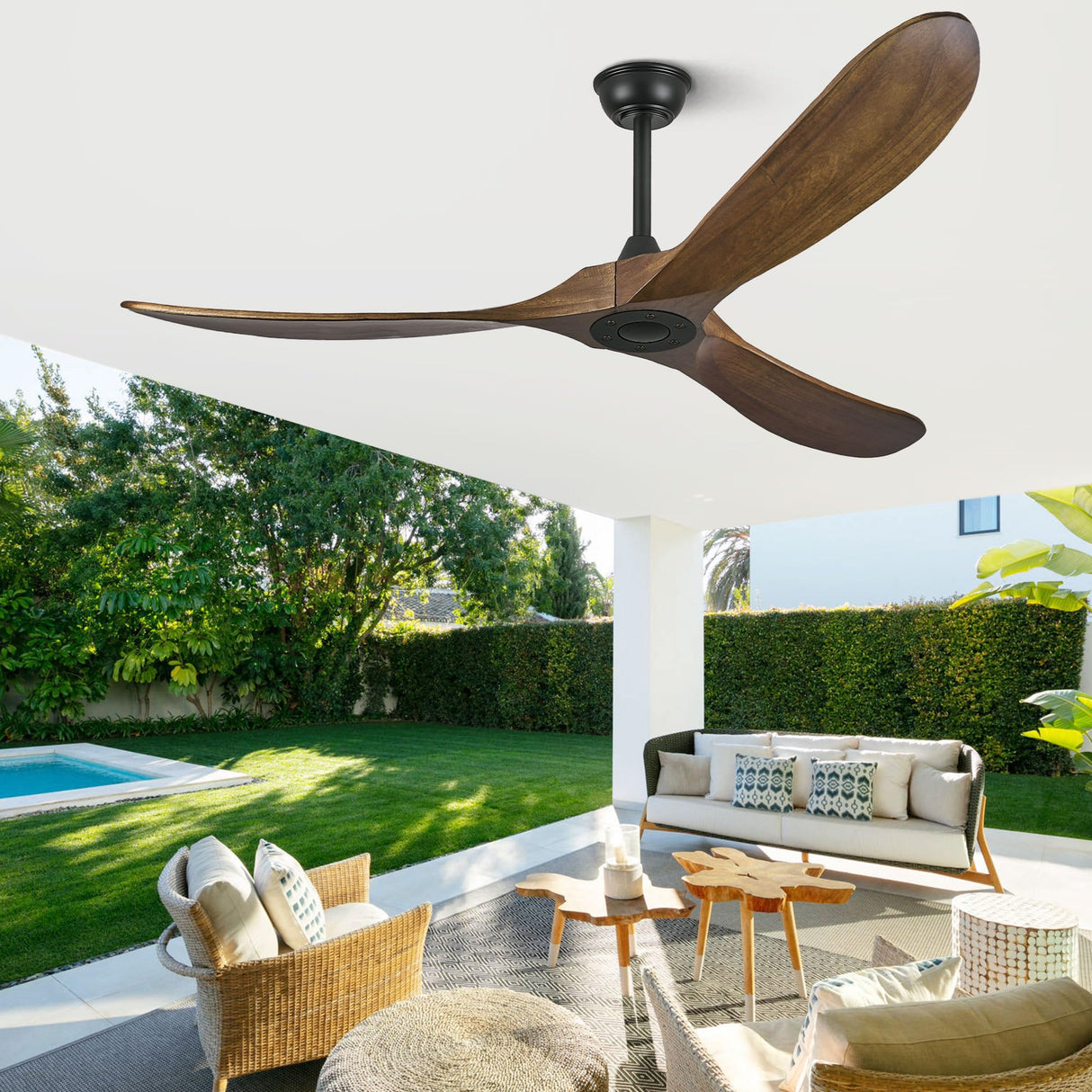 52 Inch Ceiling Fans Without Lights, Wood Ceiling Fan no Light with Remote Control and DC Motor, Indoor Outdoor Ceiling Fan for Patios Bedroom Living Room Propeller Ceiling Fans 3 Blade, Dark Walnut Haipeel