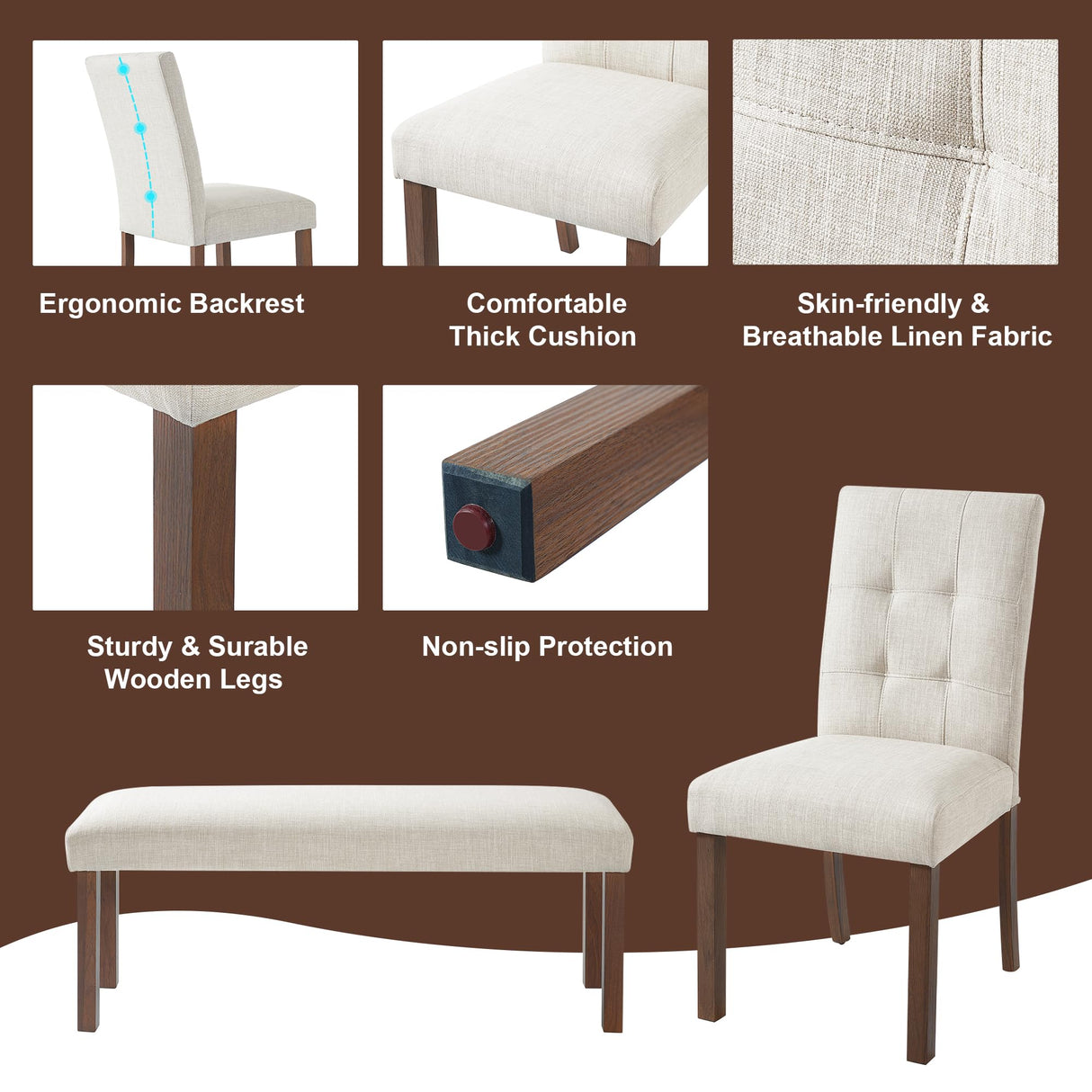 VilroCaz Modern 6-Piece Dining Table Set, Solid Wood 60'' Rectangle Kitchen Table with 4 Upholstered Chairs & Bench, Home Kitchen Dining Room Set for 6 (Walnut-7.19) VilroCaz