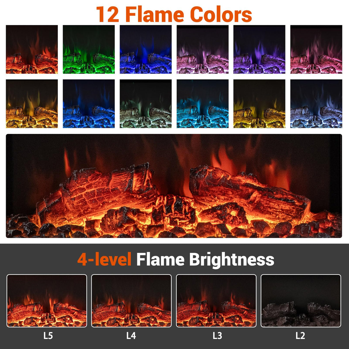 ORALNER 36-Inch Wall Mount Electric Fireplace with 50-Inch Floating Mantel, Remote, 3 Sided Electric Fireplace, 12 Adjustable Color Effect, 1500W Heater, White (50-INCH) ORALNER