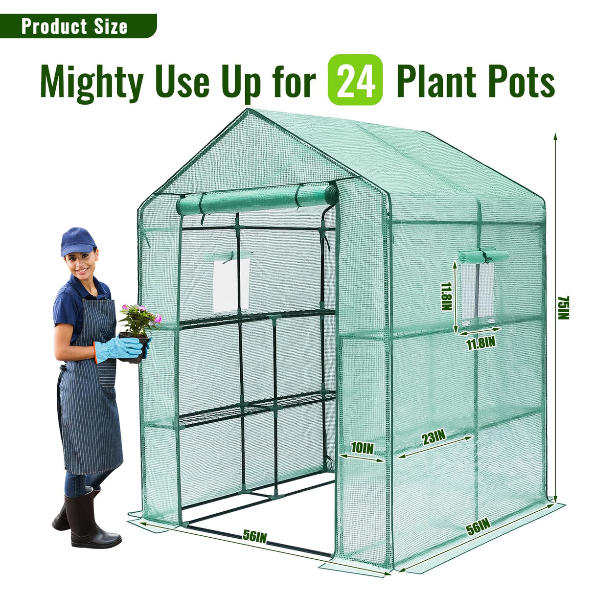 Greengro Greenhouse, 56 x 56 x 75'' Greenhouses for Outdoors, Durable Green House Kit with Window, Thicken PE Cover, 3 Tiers 8 Shelves, Heavy Duty Walk in Green Houses for Indoor Backyard Outside Greengro