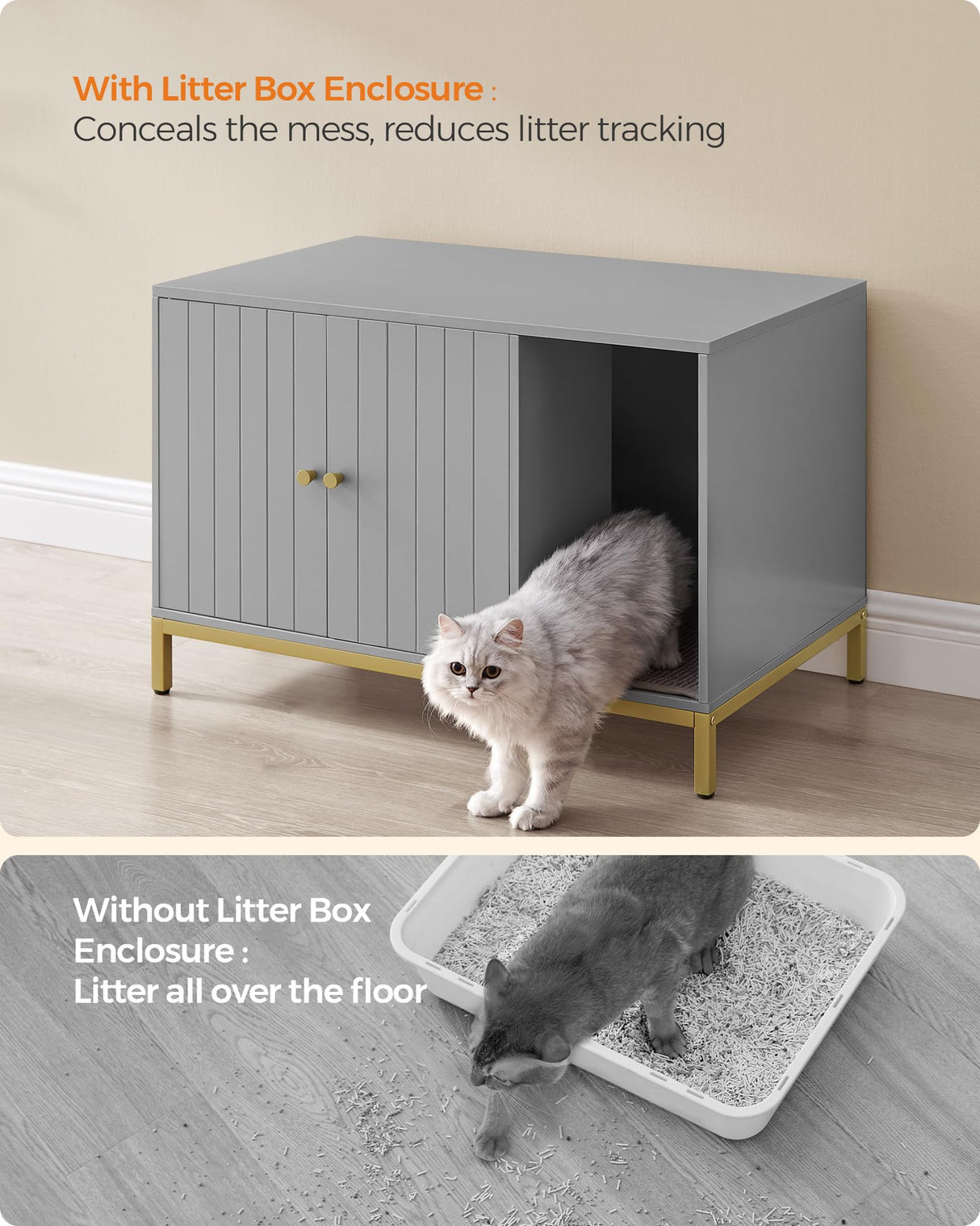 Feandrea Litter Box Enclosure, Modern Cat Litter Box Furniture Hidden, with Scratching Mat, Tall Legs, Cat House, Side End Table, 31.5 x 19.7 x 21.7 Inches, Dove Gray and Gold UPCL007H01 Feandrea