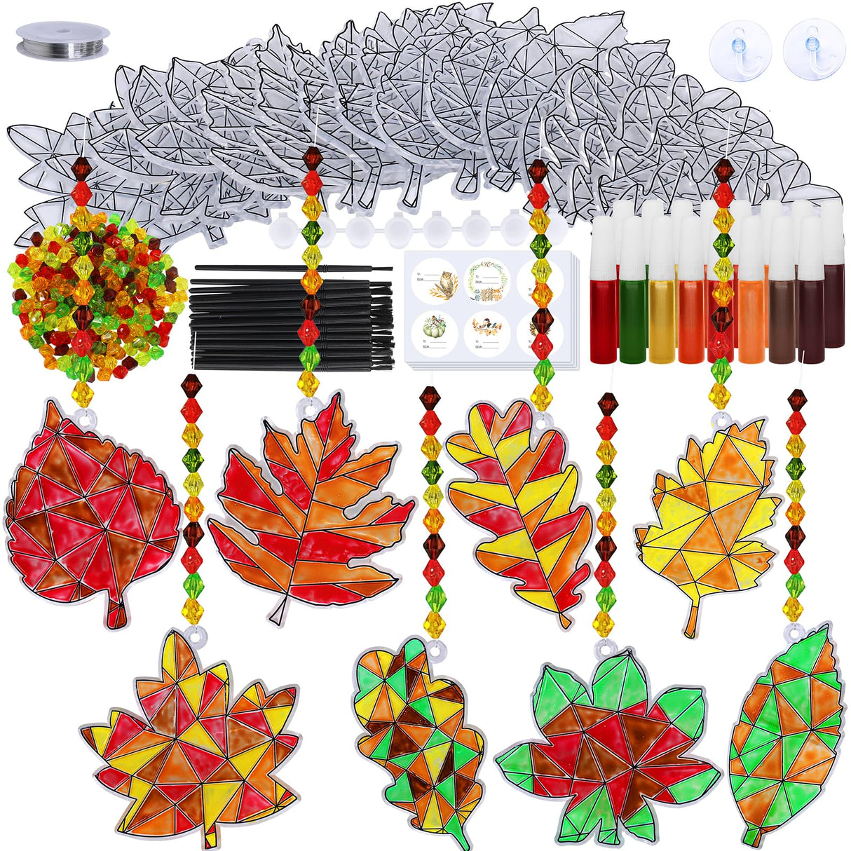 Winlyn 24 Sets Fall Leaf Suncatchers Ornaments Decorations DIY Window Paint Art Suncatchers Craft Kits Autumn Maple Leaf Sun Catchers for Kids Classroom Thanksgiving Harvest Party Art Project Winlyn