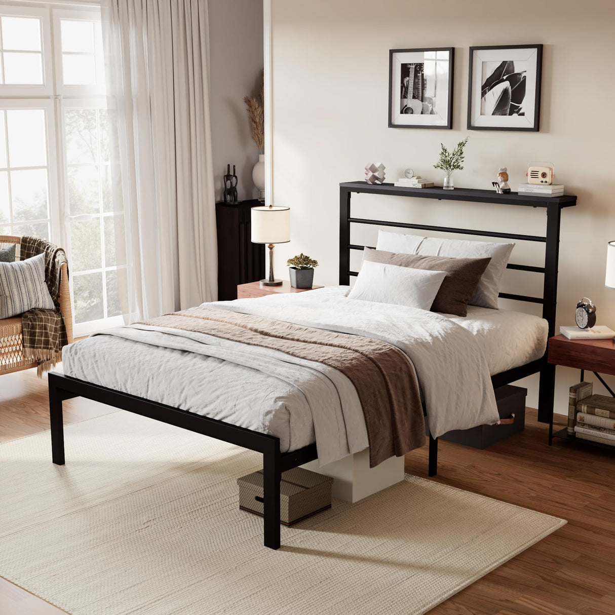 SHA CERLIN Heavy Duty Twin Bed Frame with Practical Headboard Shelf and Strong Metal Support SHA CERLIN