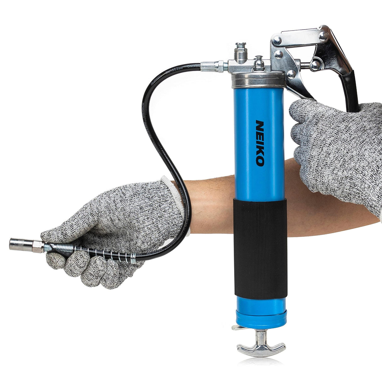 Neiko 12011A Grease Gun, Heavy Duty Pistol Grip Greaser, 6000 PSI, Grease Gun Hose 18 inch, Grease Gun with Zerk Fitting, 6” Straight Extension & 5.5” Bend Ext, Grease Not Included. NEIKO