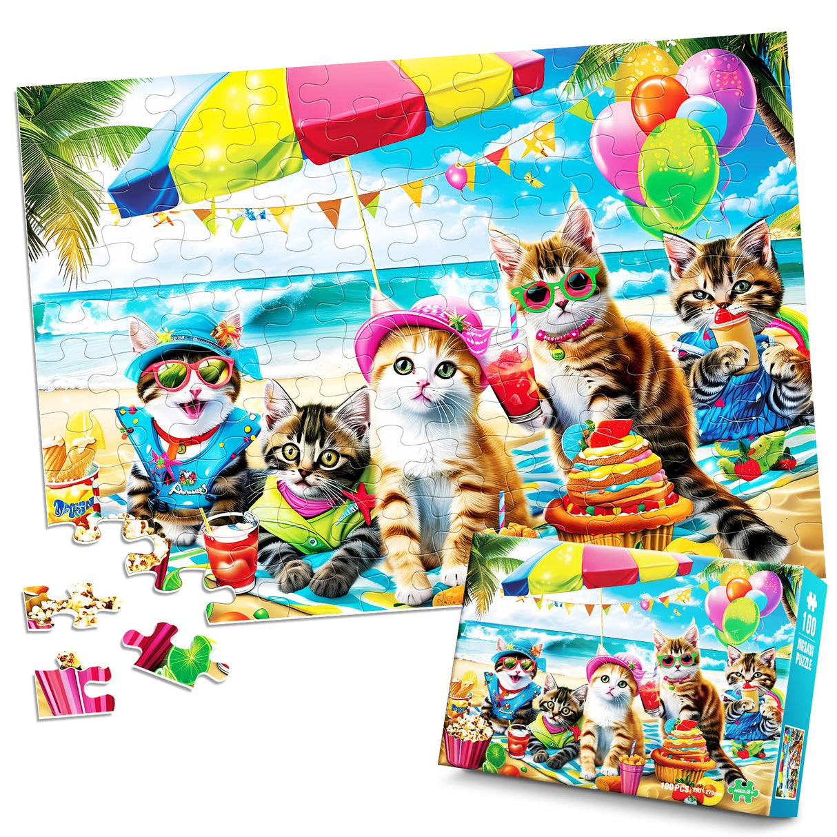 Puzzles for Kids Ages 4-8 6-8 8-10 Year Old and Seniors - Funny Cats Puzzle Beach Kitten Jigsaw Puzzles, 100 Piece Puzzle for Toddler Children Learning Educational Puzzles Toys for Boys and Girls Jeacirio