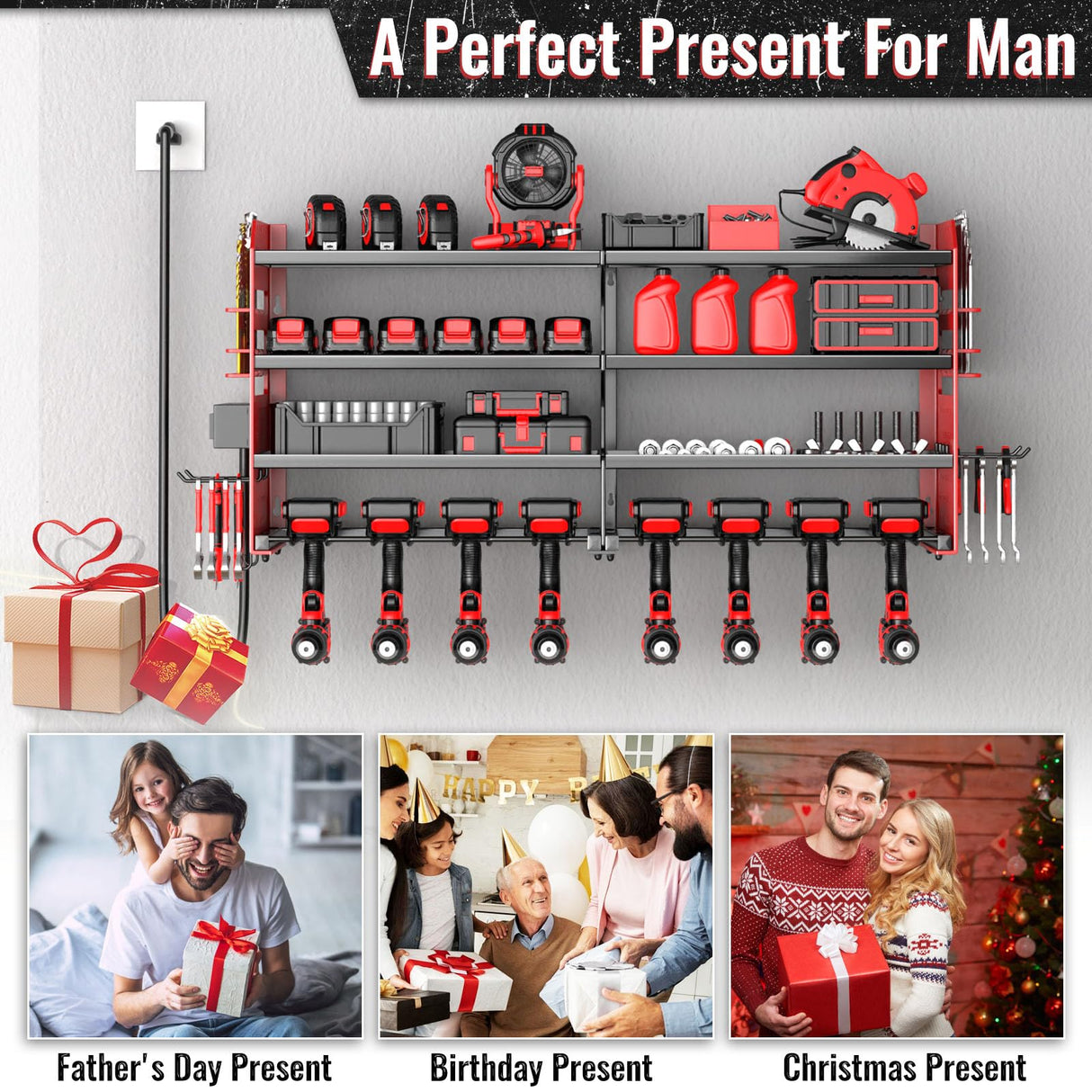 VeyFolzin.st Large Power Tool Organizer Wall Mount with Charging Station, 4 Layer Heavy Duty Metal Cordless Tool Organizer, Tool Storage Rack with 8 Cordless Drill Holder Screwdriver Hammer(Red) VeyFolzin.st