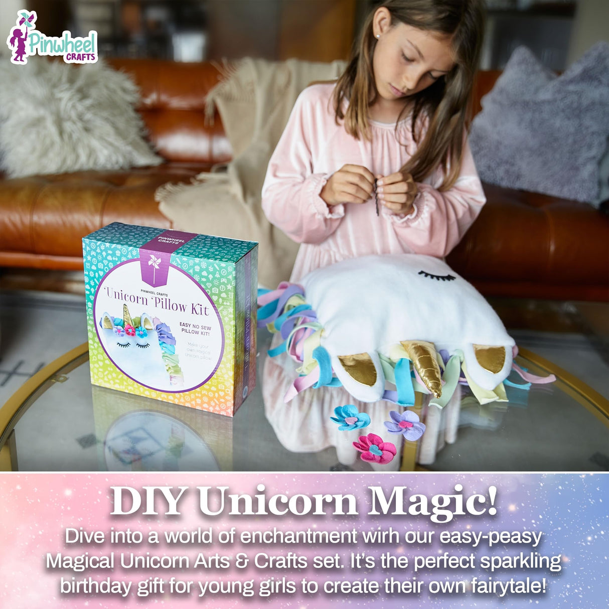 Pinwheel Crafts Unicorn Pillow Kit - DIY Arts and Crafts for Kids Ages 6 7 8-12+ Years, No Sewing Kit for Kids, Unicorn White Pillow Craft Kits for Birthday, Christmas Gifts for Girls Pinwheel Crafts