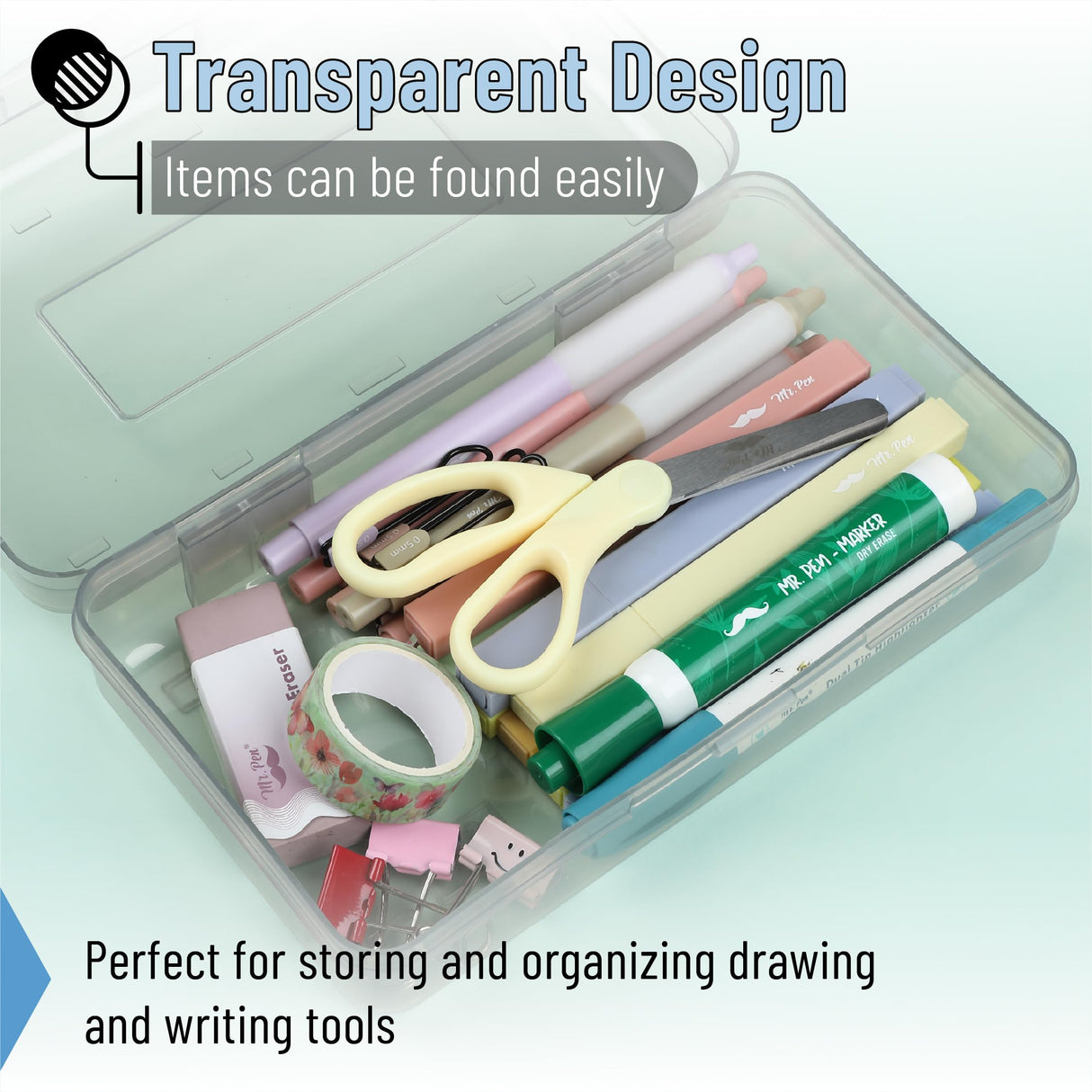 Mr. Pen- Clear Pencil Boxes, 3 Pack, Grey Shades, Snap-Tight Lid, Plastic Pencil Box Organizer, 7.9"x4.5"x2.4" Mr. Pen